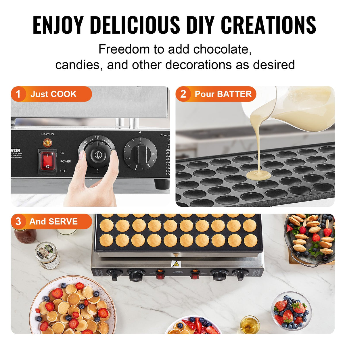 VEVOR Mini Dutch Pancake Maker, 50PCS 43mm Diameter Dorayaki Baker Machine, 1700W Commercial Electric Poffertjes Grill, Non-stick Stainless Steel, Dual Temp & Time Control, for Home Kitchen Restaurant