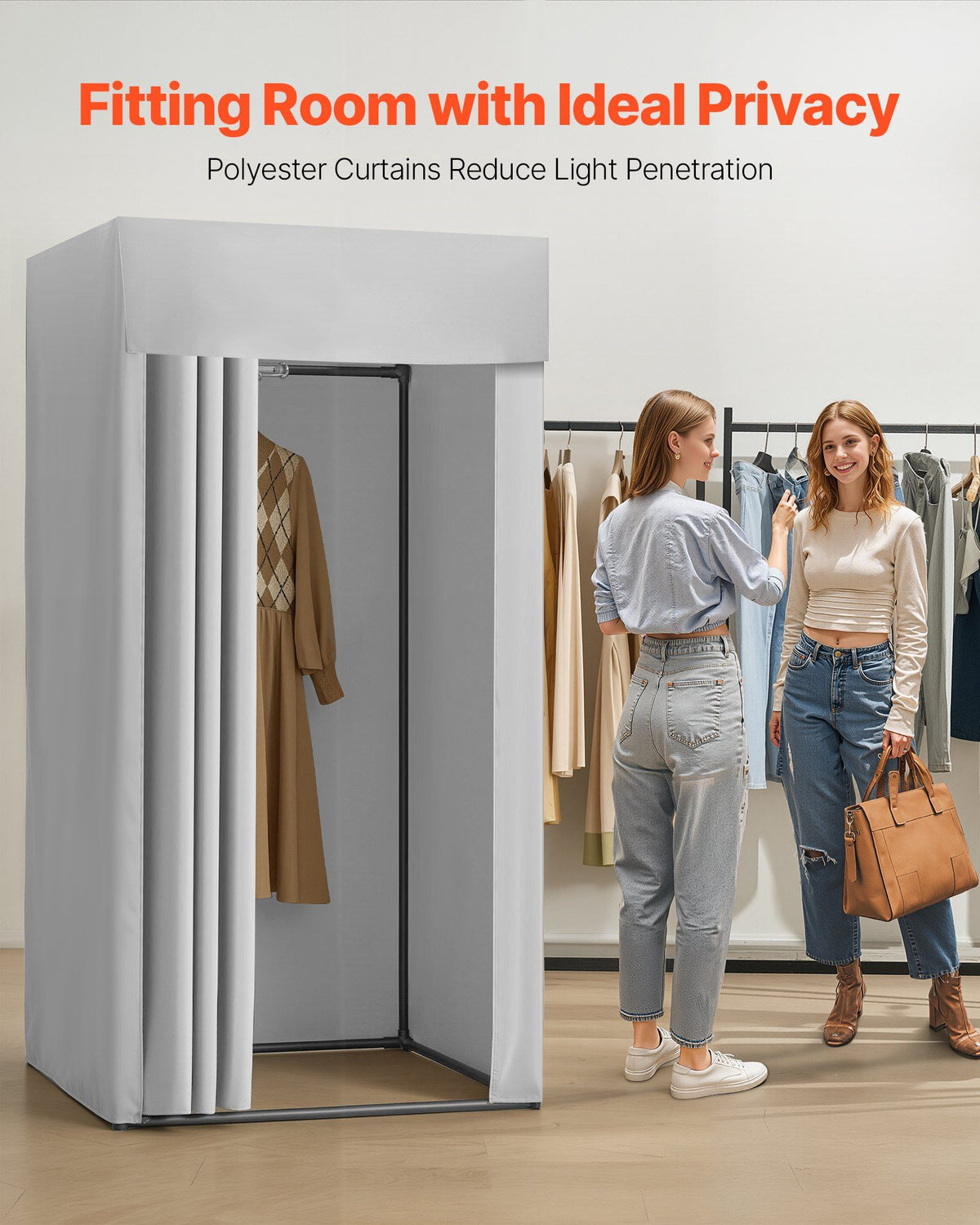 Fitting Room, Dressing Room with Thick Polyester Curtains, Privacy Space with Shading Curtain and a Hook, for Boutique, Mall, Tailor's Store & Outdoor 99 x 99 x 198 cm (Black and Gray-White)