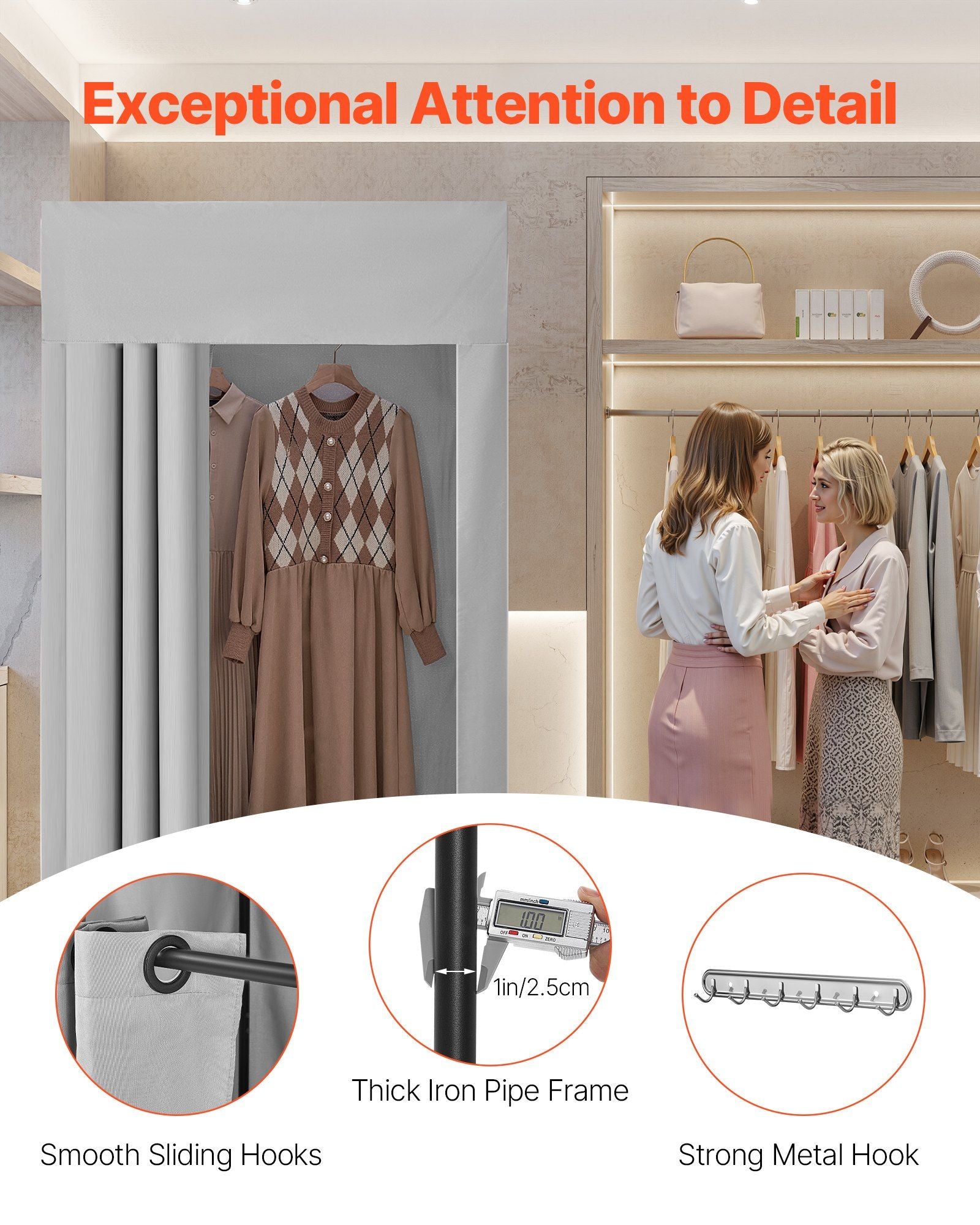 Fitting Room, Dressing Room with Thick Polyester Curtains, Privacy Space with Shading Curtain and a Hook, for Boutique, Mall, Tailor's Store & Outdoor 99 x 99 x 198 cm (Black and Gray-White)