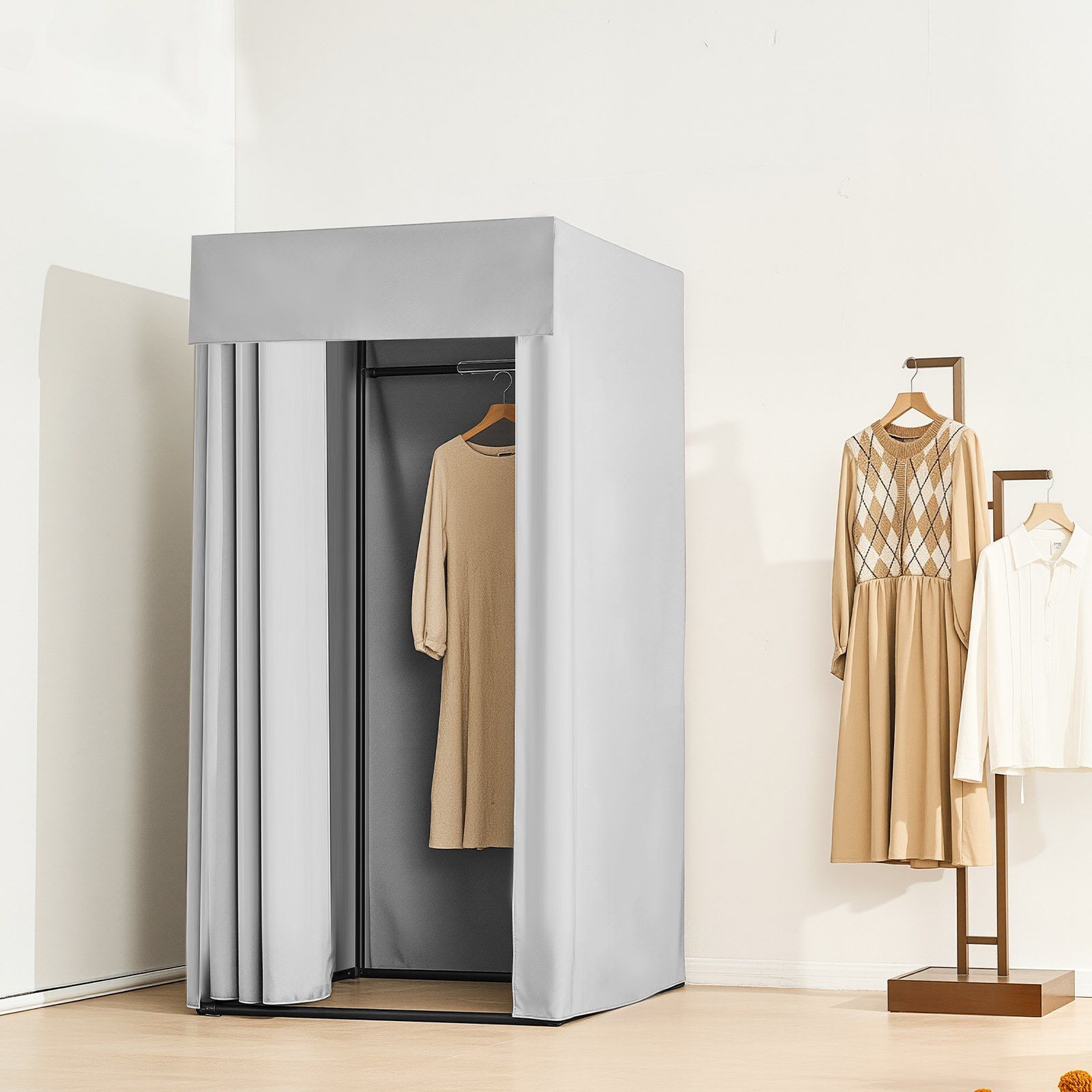 Fitting Room, Dressing Room with Thick Polyester Curtains, Privacy Space with Shading Curtain and a Hook, for Boutique, Mall, Tailor's Store & Outdoor 99 x 99 x 198 cm (Black and Gray-White)