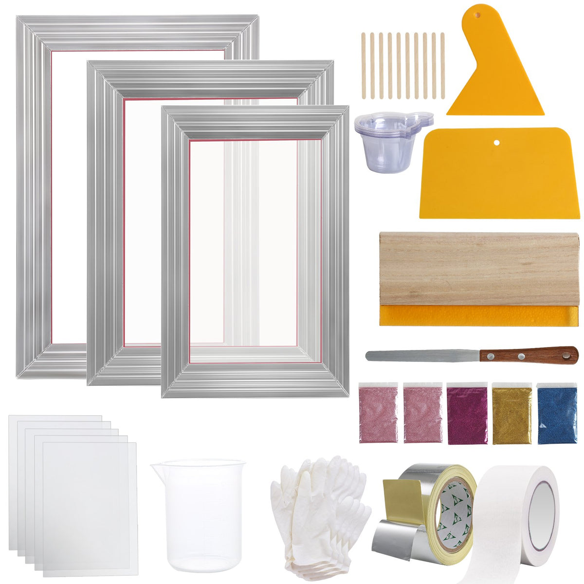 VEVOR Screen Printing Kit, 3 Pieces Aluminum Silk Screen Printing Frames 25x36/20x30/15x25 cm 110 Count Mesh, 5 Glitters and Screen Printing Squeegees and Transparency Films for T-shirts DIY