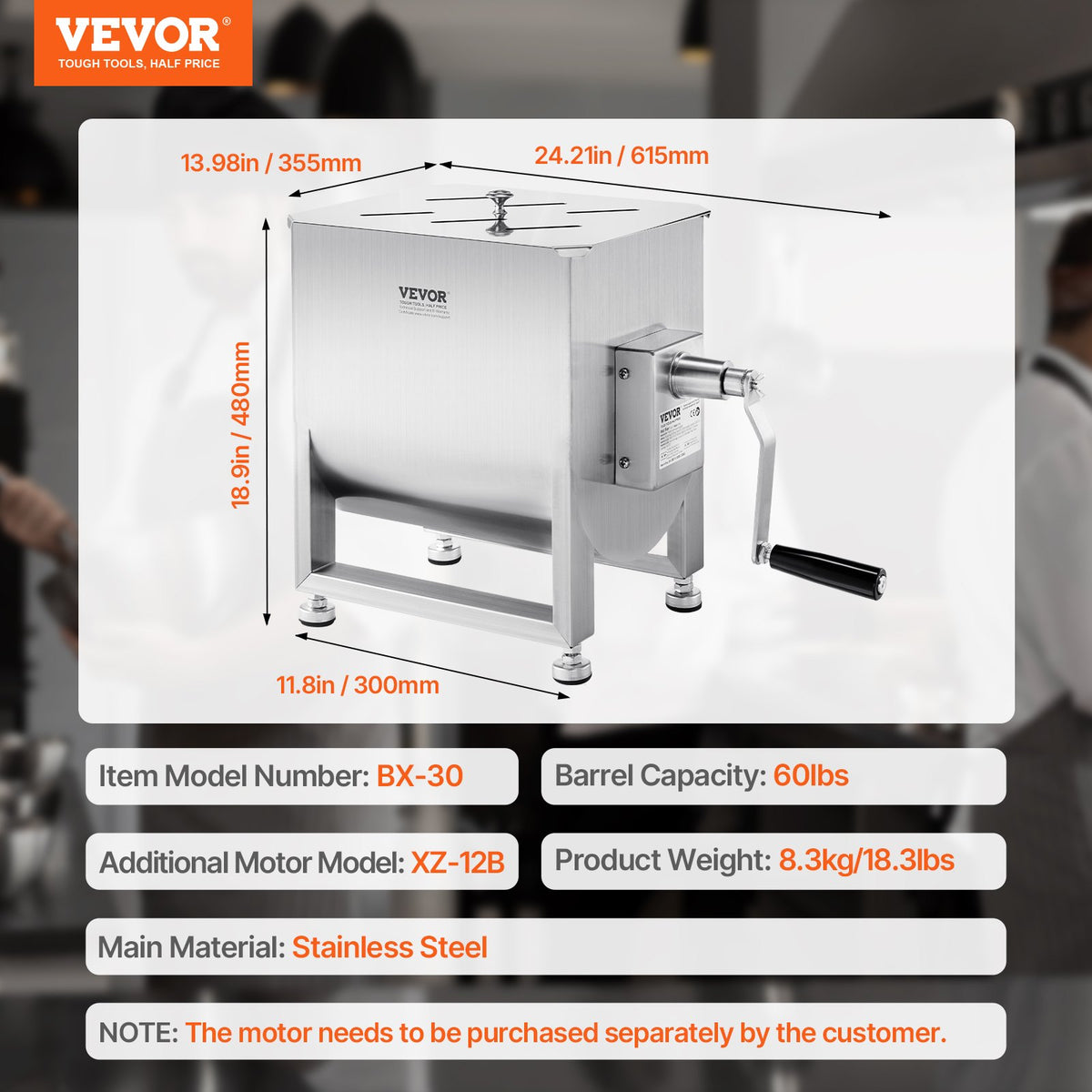 VEVOR Manual Meat Mixer, 60L Fixed Tank Meat Processing Equipment(Mixing Max 60LBS for Meat), Stainless Steel Meat Mixer, Sausage Mixer Machine with Lid Handle Gear Reducer, Ground Beef Hand Mixer
