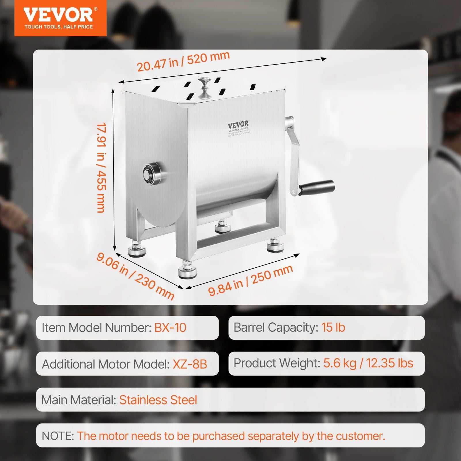 Manual Meat Mixer, 10L Fixed Tank Meat Processing Equipment(Mixing Max 15LBS for Meats), Stainless Steel Sausage Mixer Machine with Lid Handle Gear Reducer, Ground Beef Hand Mixers