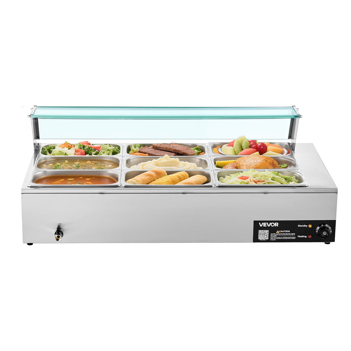 VEVOR Commercial Food Warmer, 1500W Electric Stainless Steel Steam Food Warmer with Glass Cover, 9-Pan Countertop Buffet Bain Marie with Soup &amp; Perforated Ladles, for Catering, Restaurant &amp; Party