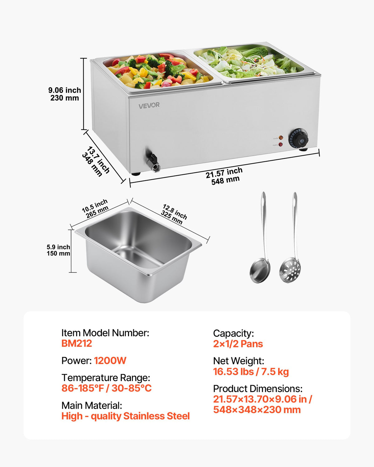 VEVOR Commercial Food Warmer, 2-Pan Electric Steam Table, 1200W Professional Countertop Stainless Steel Buffet Bain Marie with 30-85°C Temp Control for Catering, Buffet, Parties, Restaurants