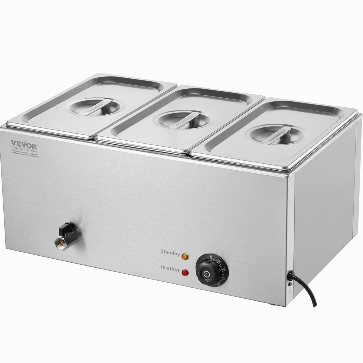 VEVOR 3-Pan Commercial Food Warmer, 16.5L Electric Steam Table, 1200W Professional Countertop Stainless Steel Buffet Bain Marie with 30 - 85℃ Temp Control for Catering and Restaurants, Silver
