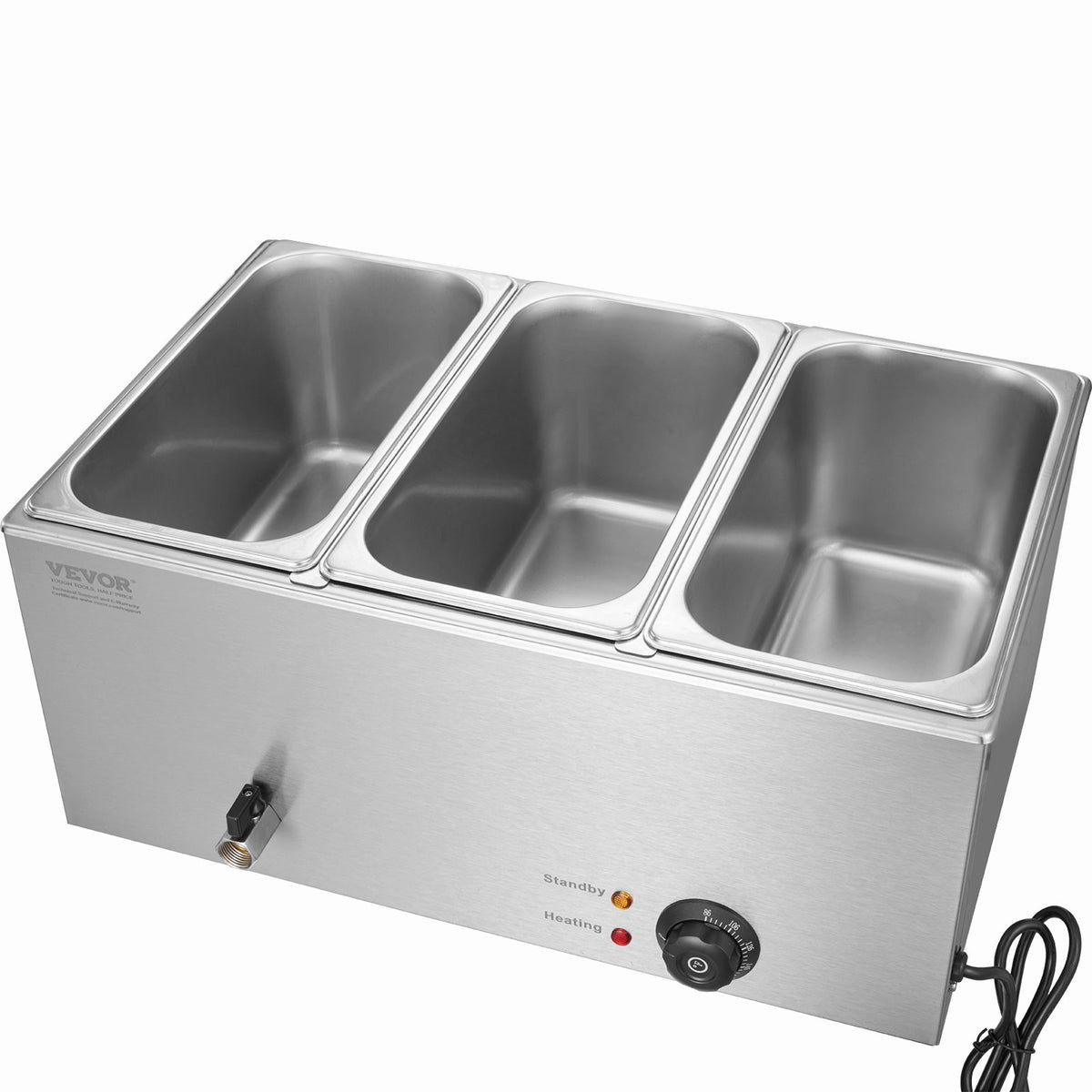 VEVOR 3-Pan Commercial Food Warmer, 16.5L Electric Steam Table, 1200W Professional Countertop Stainless Steel Buffet Bain Marie with 30 - 85℃ Temp Control for Catering and Restaurants, Silver
