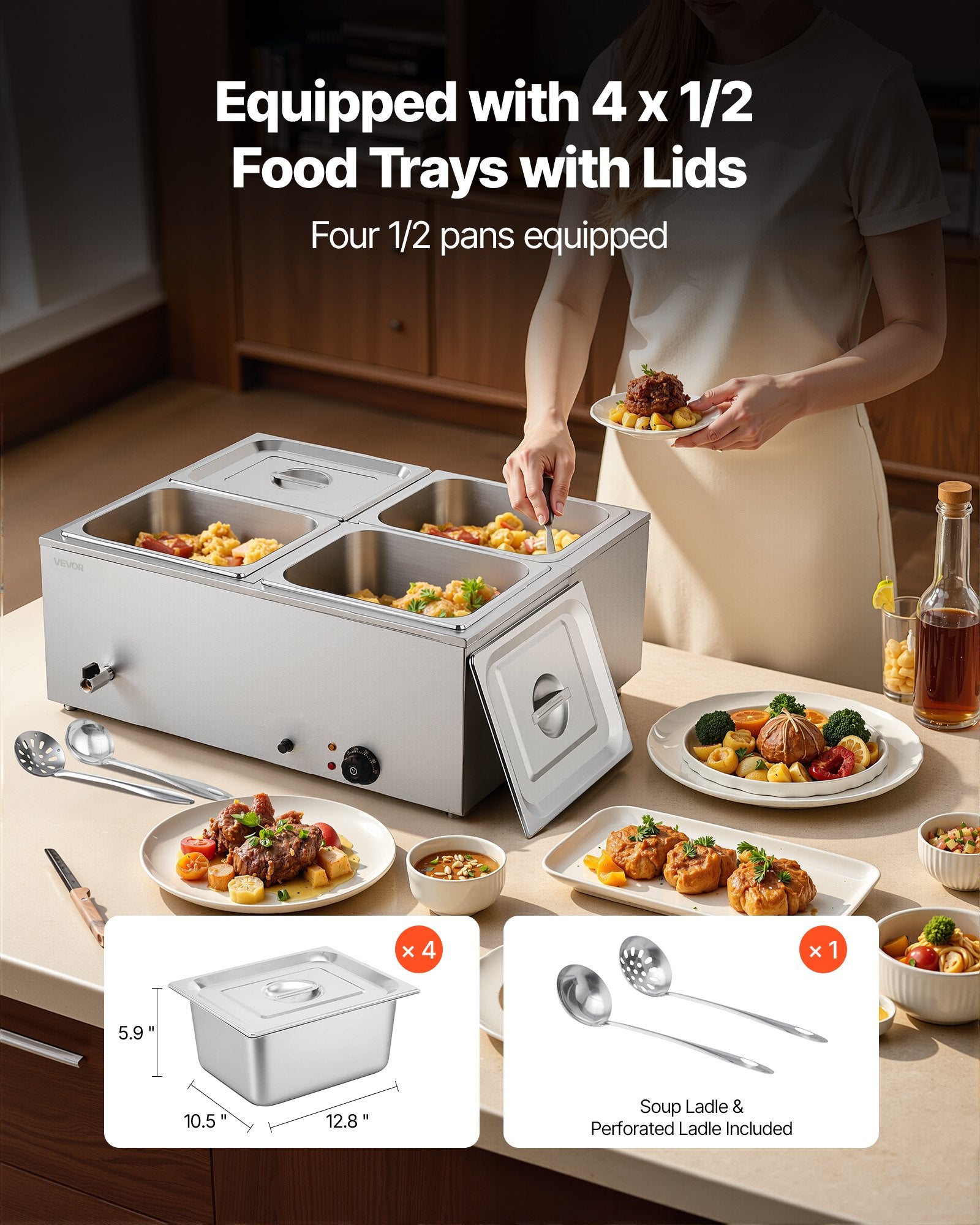 VEVOR Commercial Food Warmer, 1500W Electric Stainless Steel Steam Food Warmer with Lid, 4-Pan Fast Heating Countertop Buffet Bain Marie with Soup & Perforated Ladles, for Catering, Restaurant, Party