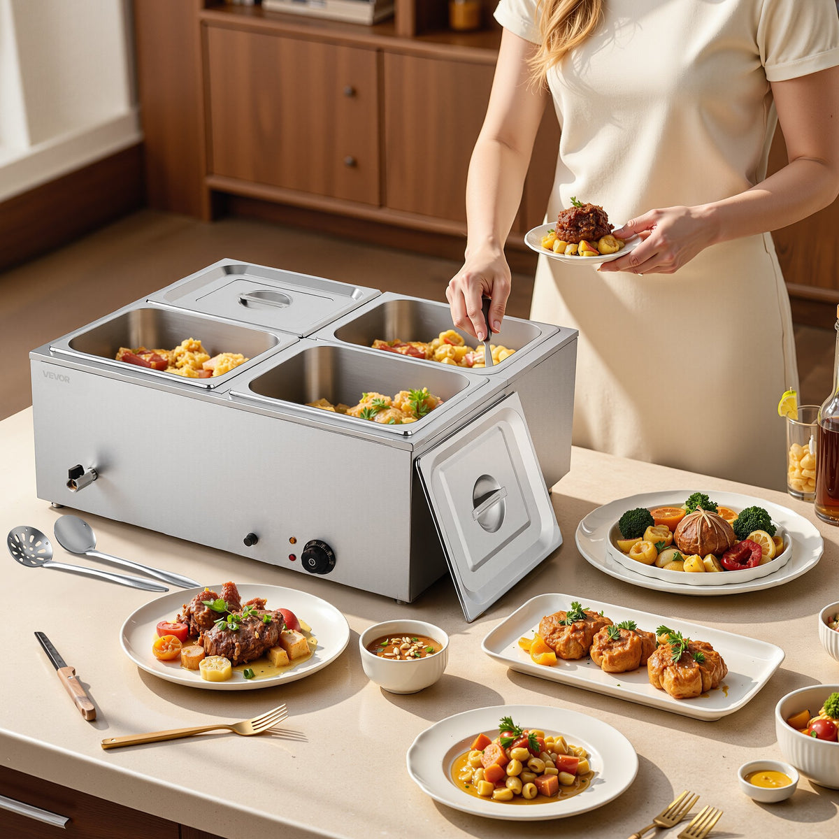 VEVOR Commercial Food Warmer, 1500W Electric Stainless Steel Steam Food Warmer with Lid, 4-Pan Fast Heating Countertop Buffet Bain Marie with Soup & Perforated Ladles, for Catering, Restaurant, Party