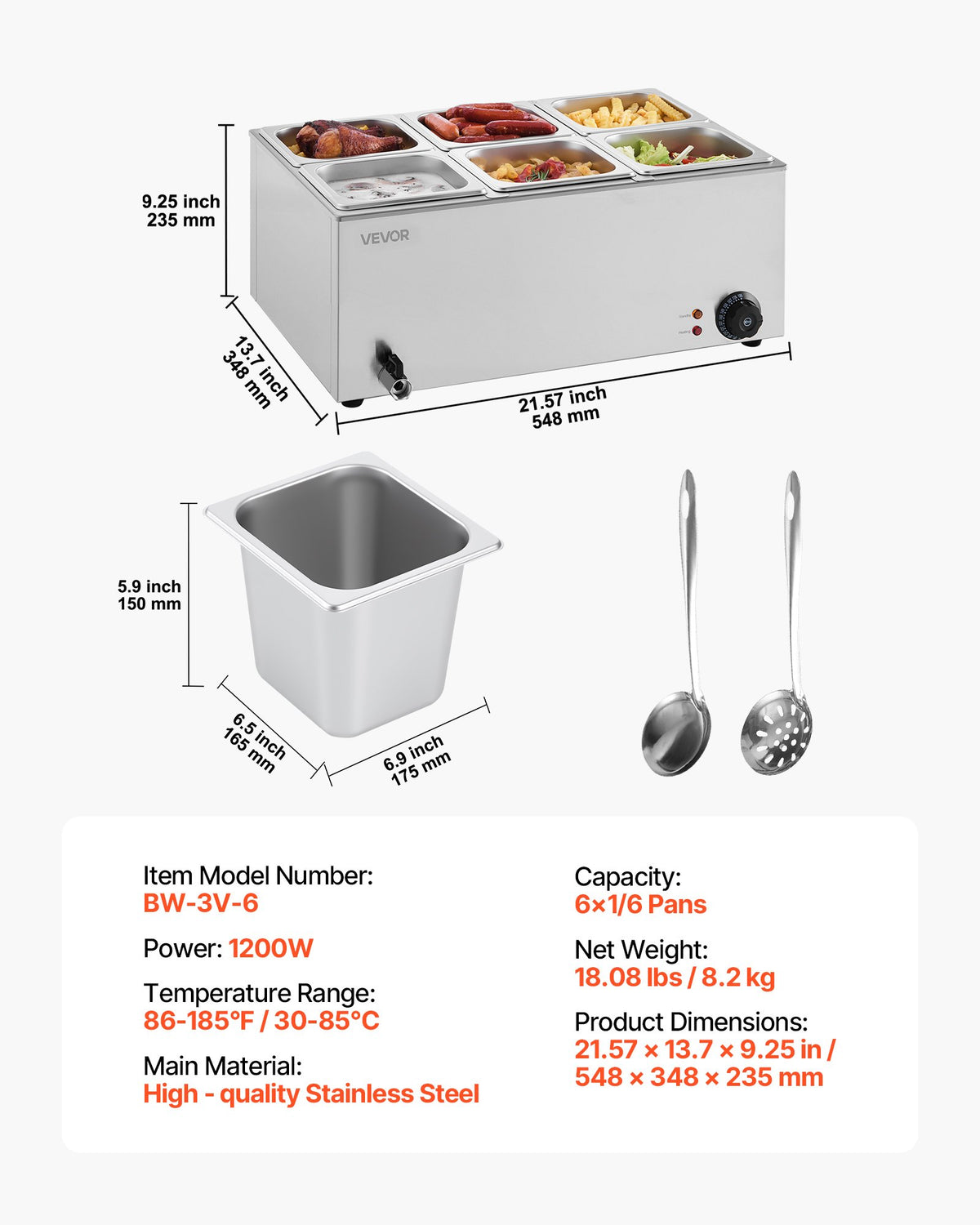 VEVOR Commercial Food Warmer, 6-Pan Electric Steam Table, 1200W Professional Countertop Stainless Steel Buffet Bain Marie with 30-85°C Temp Control for Catering, Buffet, Parties, Restaurants