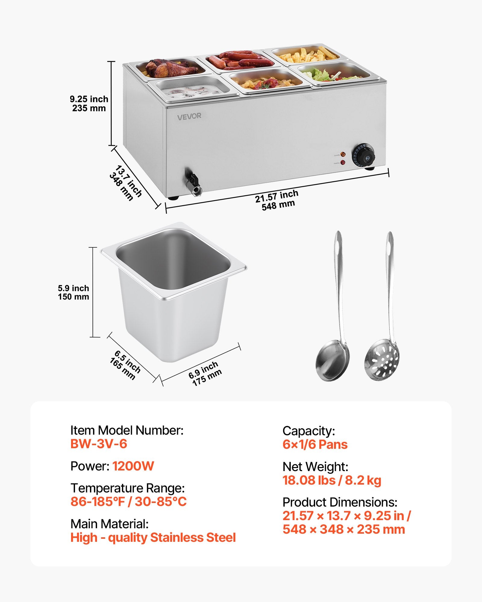VEVOR Commercial Food Warmer, 6-Pan Electric Steam Table, 1200W Professional Countertop Stainless Steel Buffet Bain Marie with 30-85°C Temp Control for Catering, Buffet, Parties, Restaurants