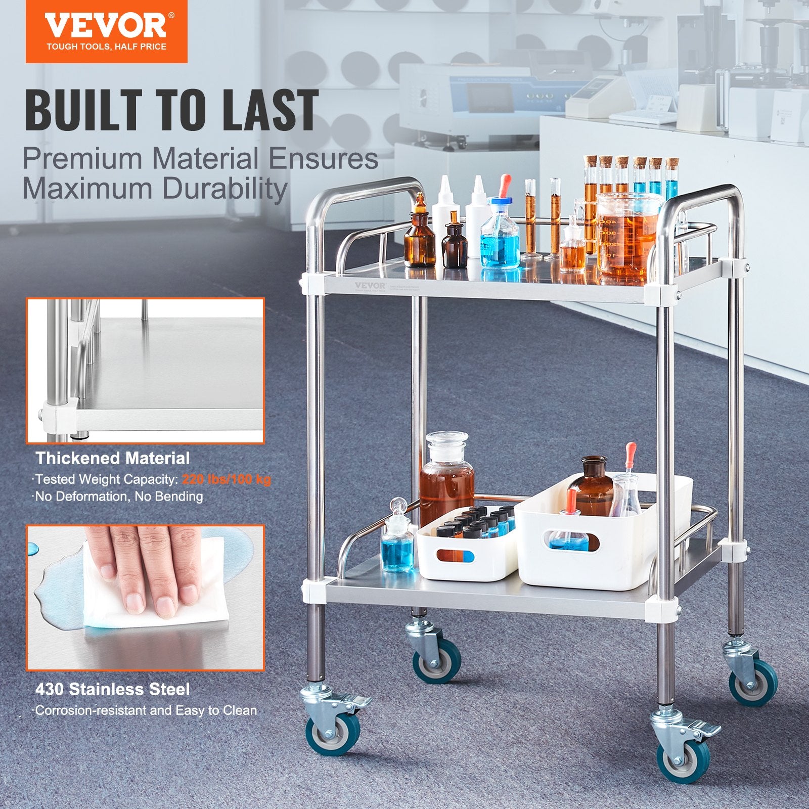 VEVOR Lab Rolling Cart, 2-Shelf Stainless Steel Rolling Cart, Lab Serving Cart with Swivel Casters, Dental Utility Cart for Clinic, Lab,  Hospital, Salon, 15.16"x21.57"x34.06"