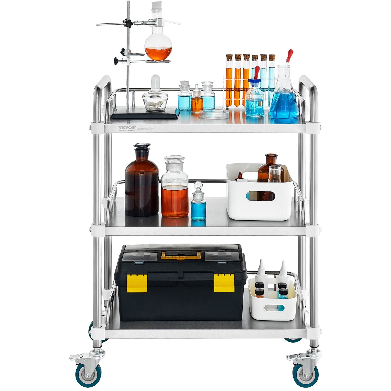 VEVOR Lab Rolling Cart, 3-Shelf Stainless Steel Rolling Cart, Lab Serving Cart with Swivel Casters, Dental Utility Cart for Clinic, Lab,  Hospital, Salon, 26.38"x15.55"x34.13"
