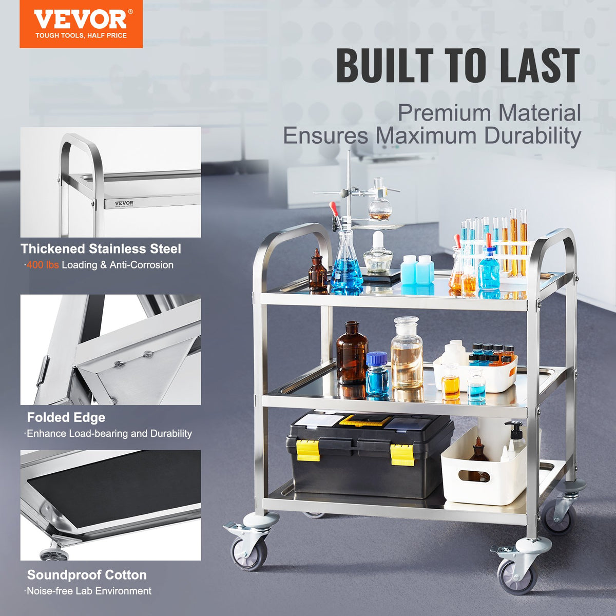 VEVOR Stainless Steel Cart, 3 Layers Lab Utility Cart 181 kg Weight Capacity, Medical Cart with Lockable Universal Wheels, for Lab, Clinic, Kitchen, Salon