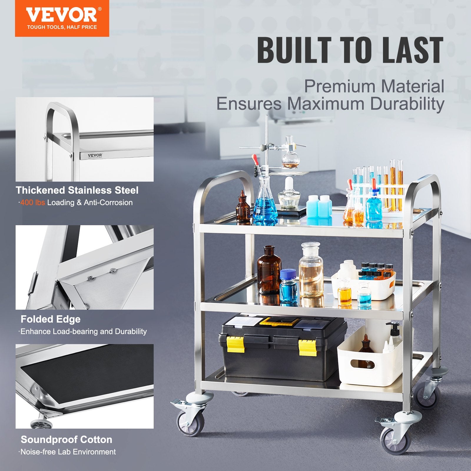 VEVOR Stainless Steel Cart, 3 Layers Lab Utility Cart 181 kg Weight Capacity, Medical Cart with Lockable Universal Wheels, for Lab, Clinic, Kitchen, Salon