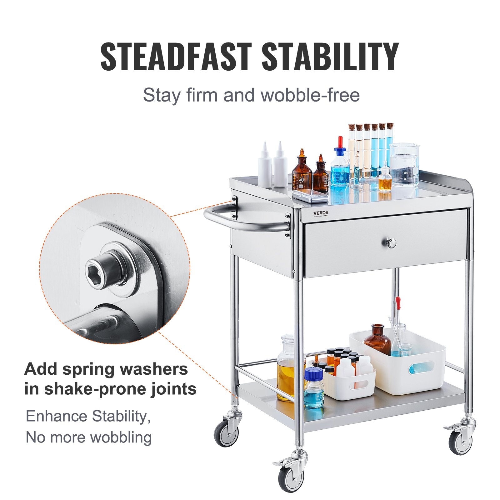 VEVOR Medical Cart, 2 Layer stainless Steel Cart100 kg Weight Capacity Utility Cart Silent Wheels and a Drawer for Lab, Clinic, kitchen, Salon