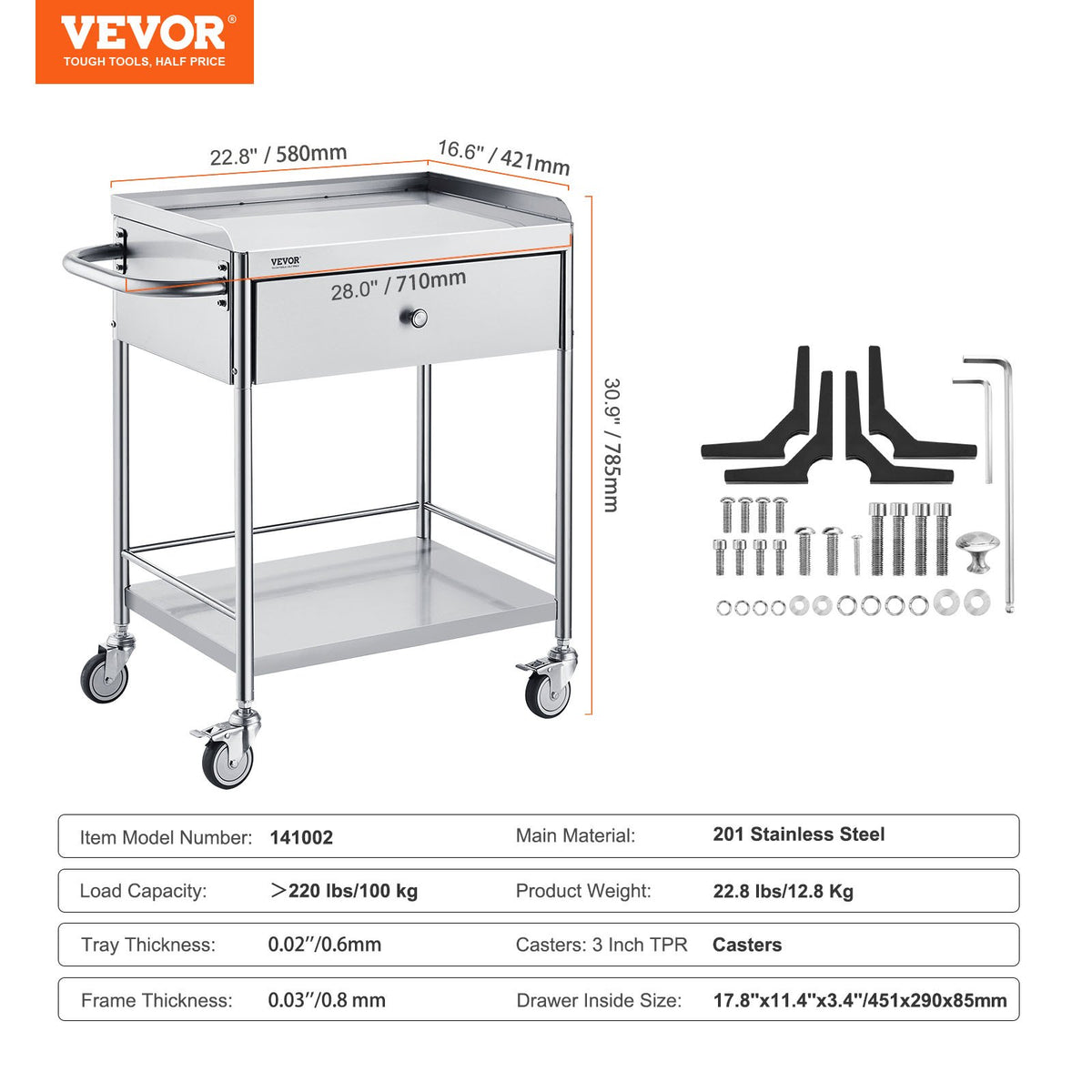 VEVOR Medical Cart, 2 Layer stainless Steel Cart100 kg Weight Capacity Utility Cart Silent Wheels and a Drawer for Lab, Clinic, kitchen, Salon
