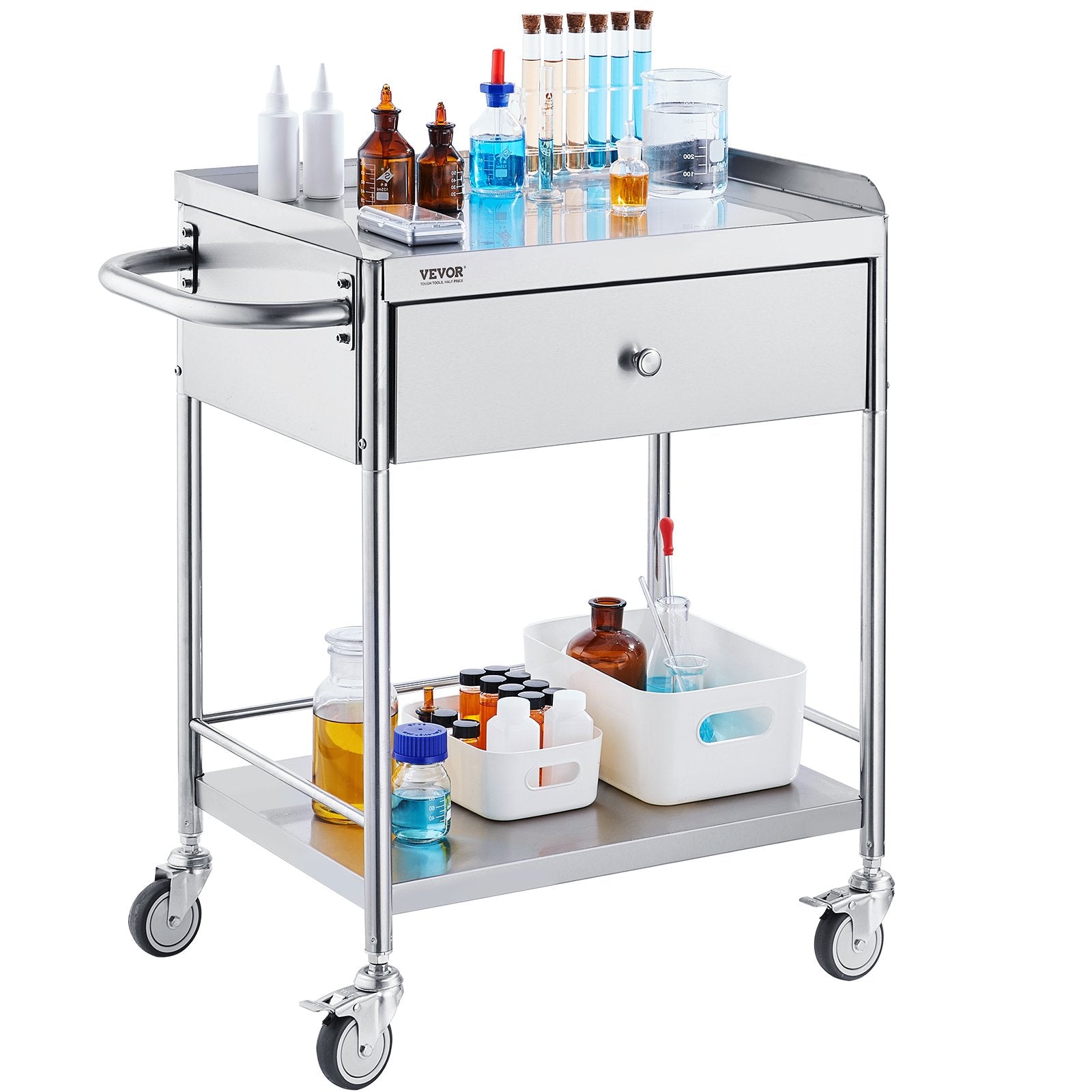 VEVOR Medical Cart, 2 Layer stainless Steel Cart100 kg Weight Capacity Utility Cart Silent Wheels and a Drawer for Lab, Clinic, kitchen, Salon