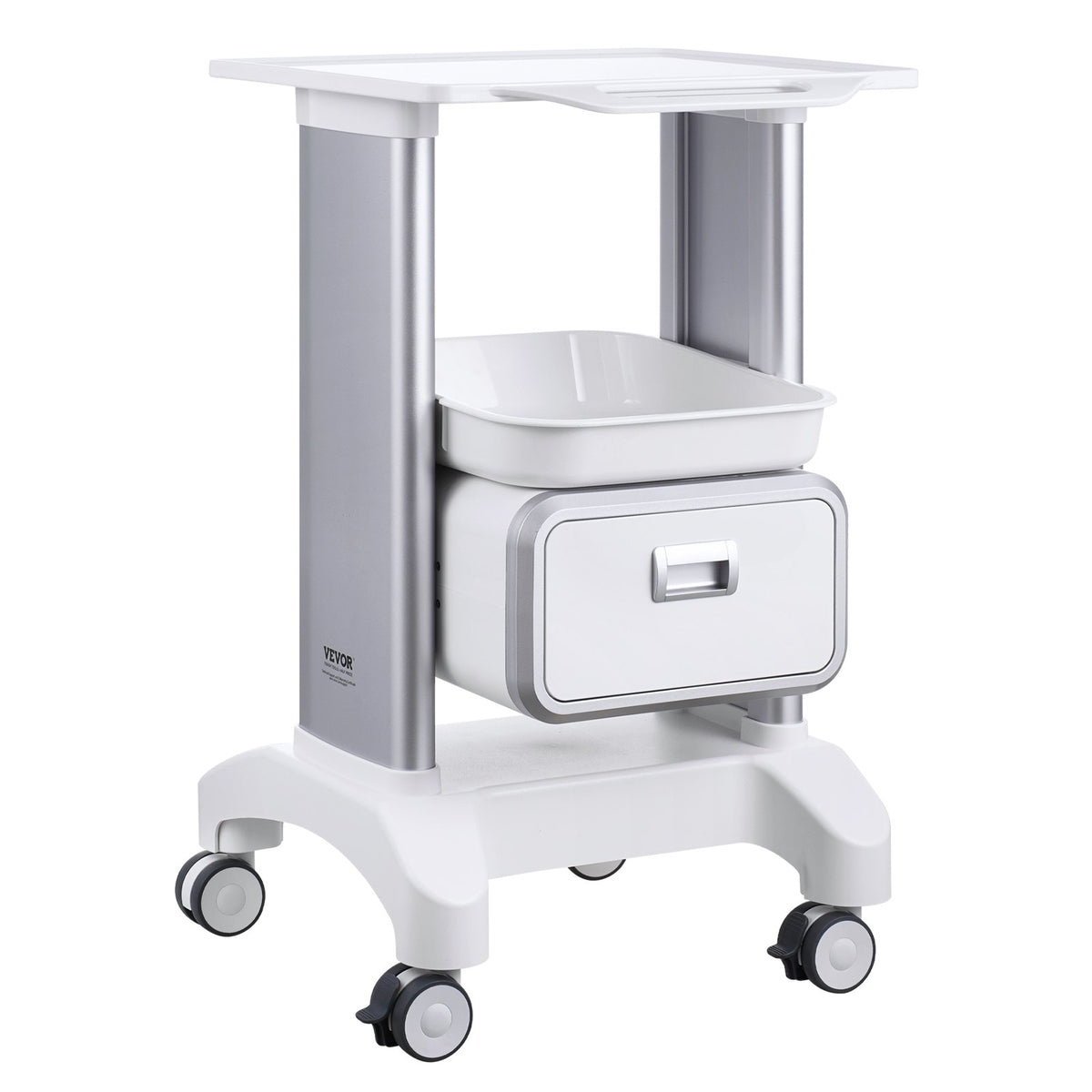 VEVOR 2 Tiers Lab Carts Mobile Medical Cart with 1 Drawer &amp; 1 Top Tray White
