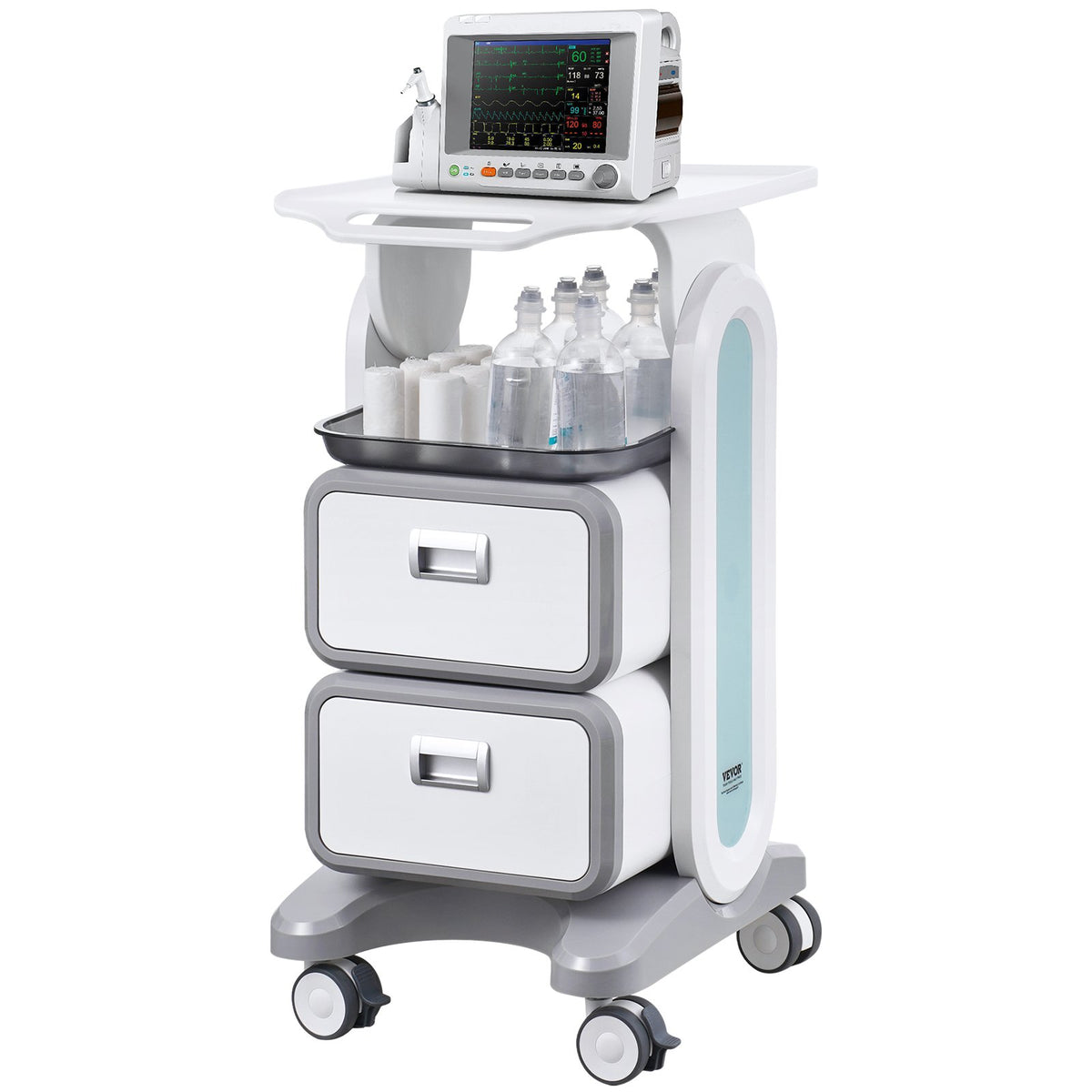 VEVOR 3 Tiers Lab Carts, Lab Utility Cart with 2 Drawers & 1 Top Tray, Mobile Medical Cart with ABS Material, Lab Rolling Cart with 4 Silent Wheels for Lab, Clinic, Hospital, Salon, White