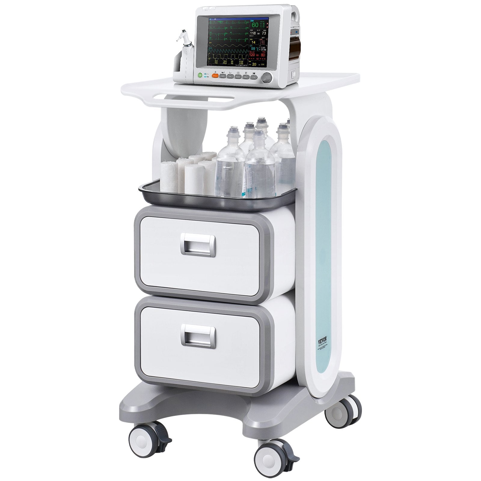 VEVOR 3 Tiers Lab Carts, Lab Utility Cart with 2 Drawers & 1 Top Tray, Mobile Medical Cart with ABS Material, Lab Rolling Cart with 4 Silent Wheels for Lab, Clinic, Hospital, Salon, White