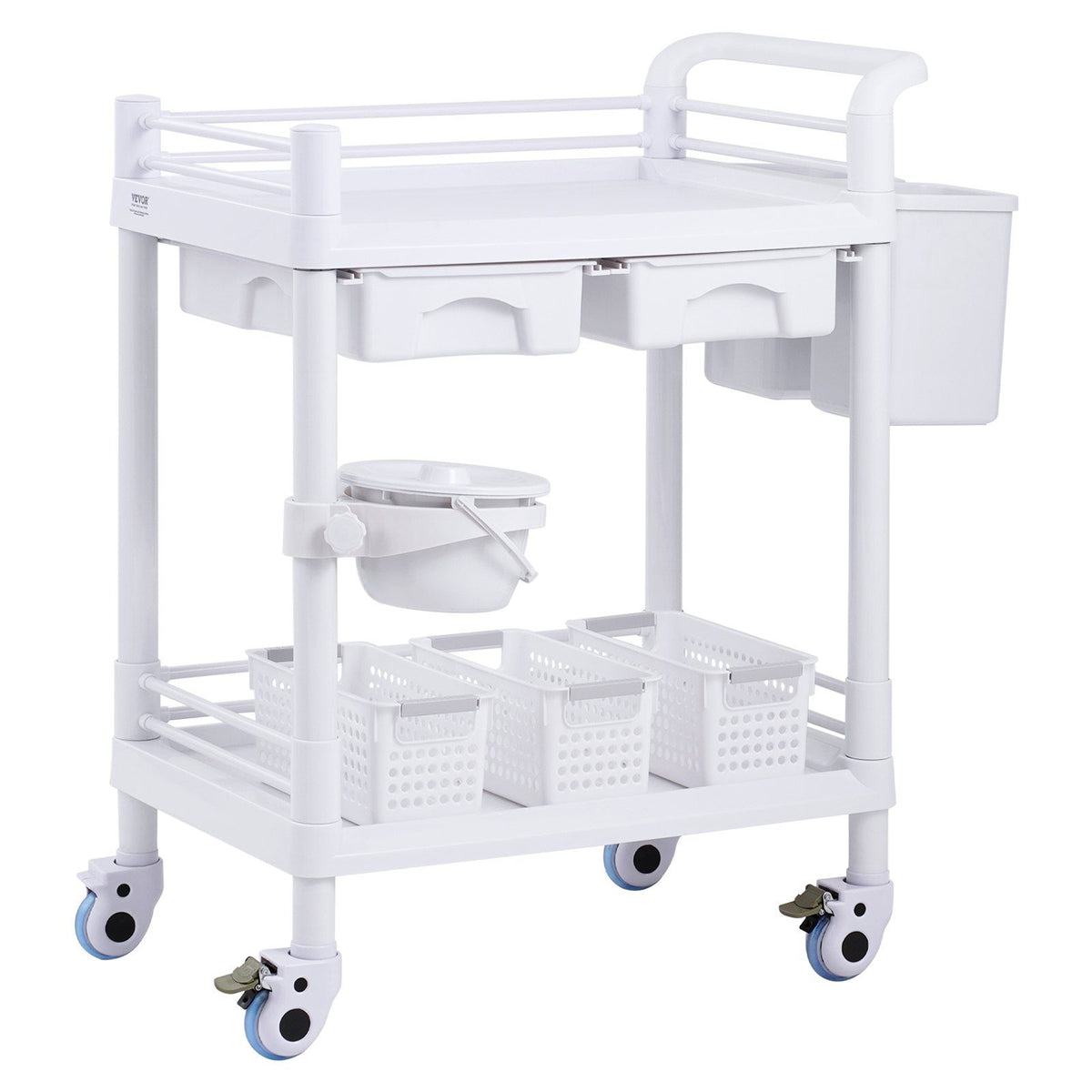 2 Tiers Lab Carts, Lab Utility Cart with 2 Trays, 2 Drawers &amp; 4 Silent Wheels, Mobile Medical Cart with PP Material, Lab Rolling Cart with 3 Trash Cans for Lab, Clinic, Hospital, Salon, White