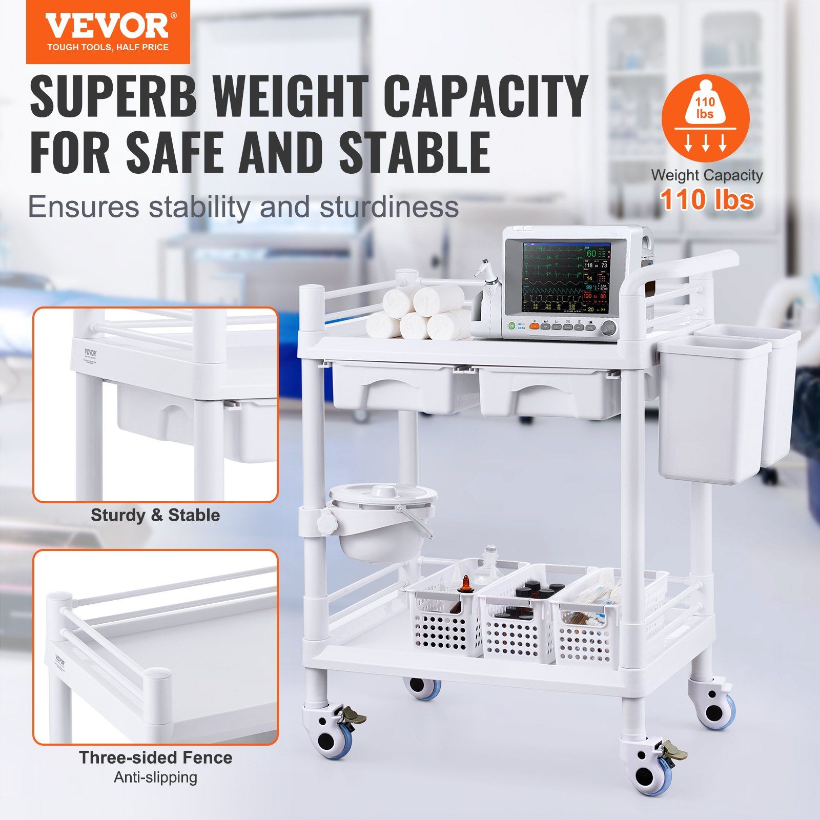 2 Tiers Lab Carts, Lab Utility Cart with 2 Trays, 2 Drawers & 4 Silent Wheels, Mobile Medical Cart with PP Material, Lab Rolling Cart with 3 Trash Cans for Lab, Clinic, Hospital, Salon, White