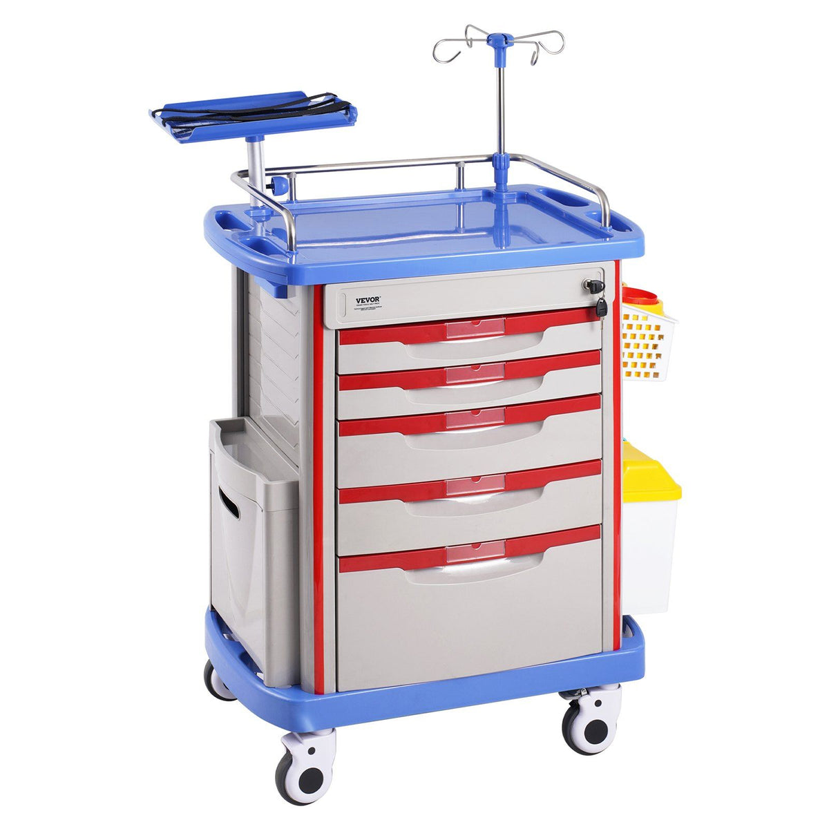 5 Tiers Lab Carts, Lab Utility Cart with 5 Drawers &amp; 4 Silent Wheels, Mobile Medical Cart with PP Material, Lab Rolling Cart with 2 Trash Cans for Lab, Clinic, Hospital, Salon, Blue
