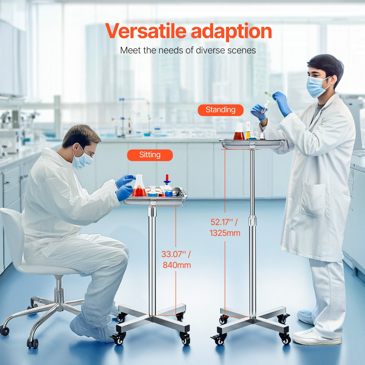 VEVOR Mayo Stand, Stainless Steel Mayo Tray, Load Capacity up to 35 lbs, Adjustable Height 25.2"-39.8", Medical Tray on Wheels with Removable Tray for Spa, Salon, Clinic, Personal Care