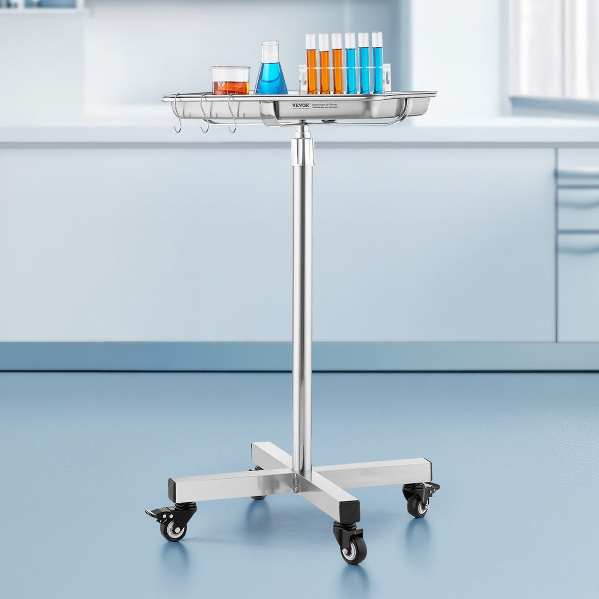VEVOR Mayo Stand, Stainless Steel Mayo Tray, Load Capacity up to 35 lbs, Adjustable Height 25.2"-39.8", Medical Tray on Wheels with Removable Tray for Spa, Salon, Clinic, Personal Care