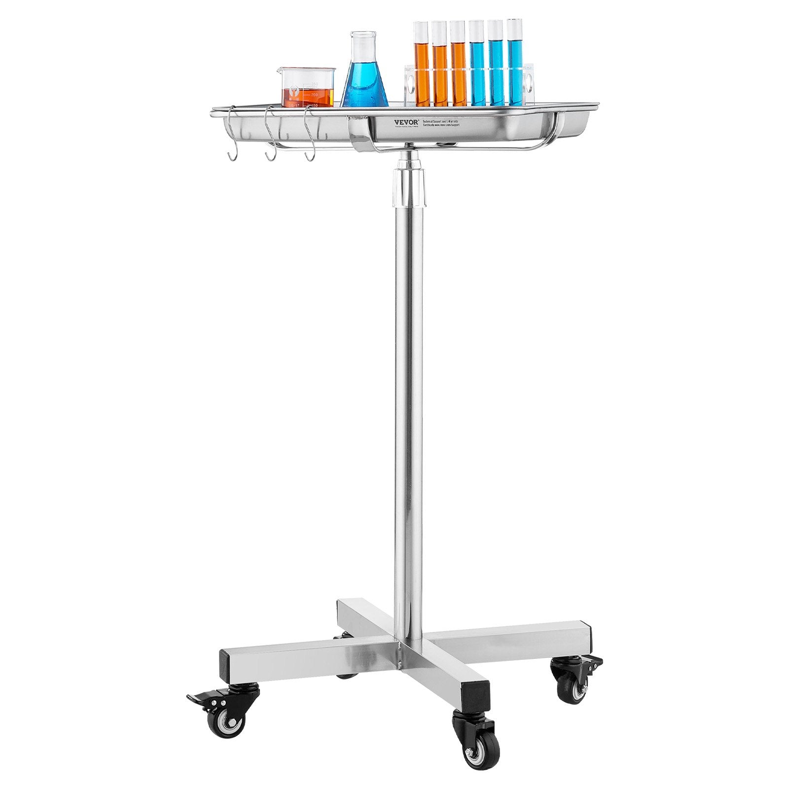 VEVOR Mayo Stand, Stainless Steel Mayo Tray, Load Capacity up to 35 lbs, Adjustable Height 25.2"-39.8", Medical Tray on Wheels with Removable Tray for Spa, Salon, Clinic, Personal Care