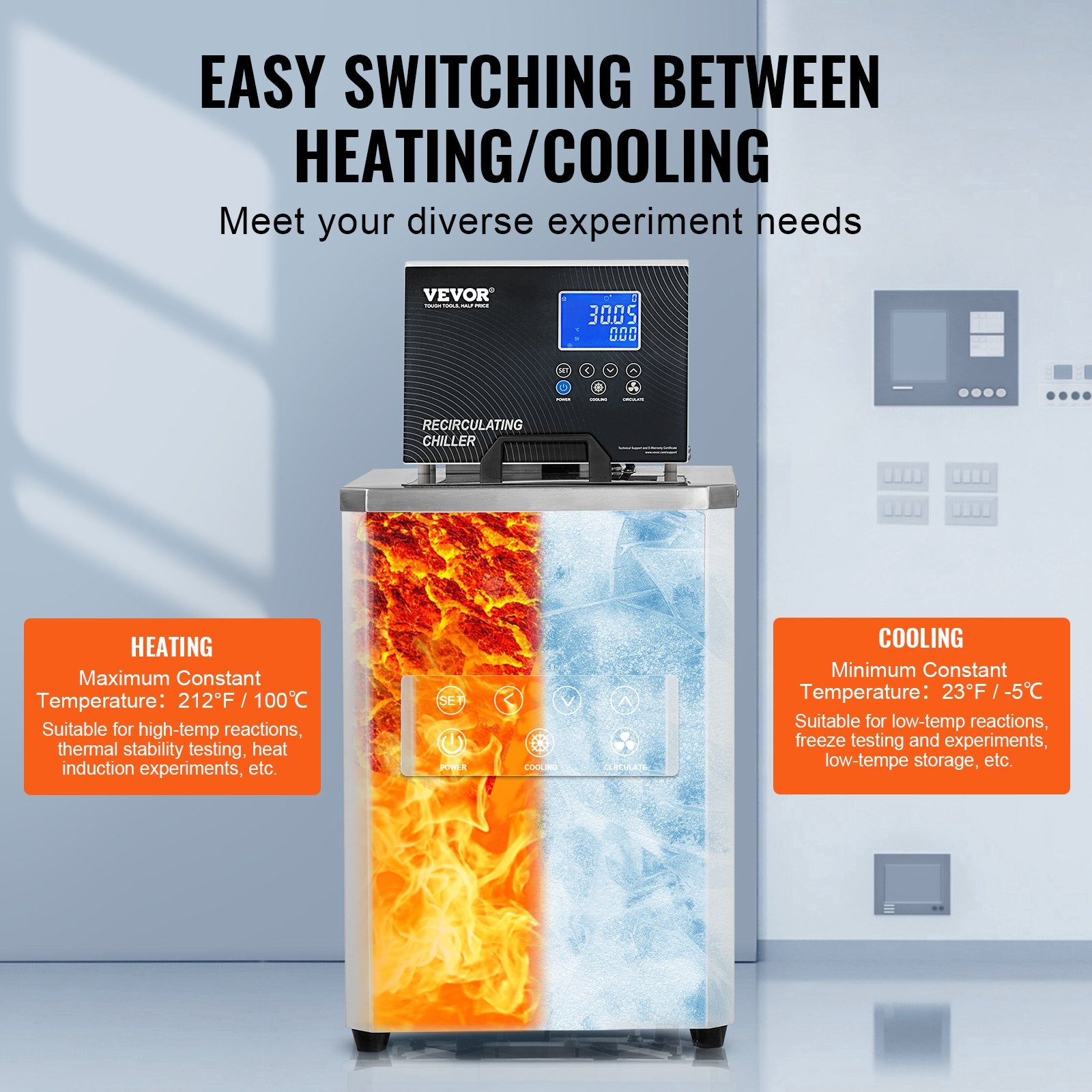 VEVOR Laboratory Chiller Circulator, 6L Chiller Lab Low Temperature Cooling Liquid, 23°F-212°F Circulator Pump Chiller, LCD Display, 304 Stainless Steel Water Bath Recirculating Water Cooling Chiller