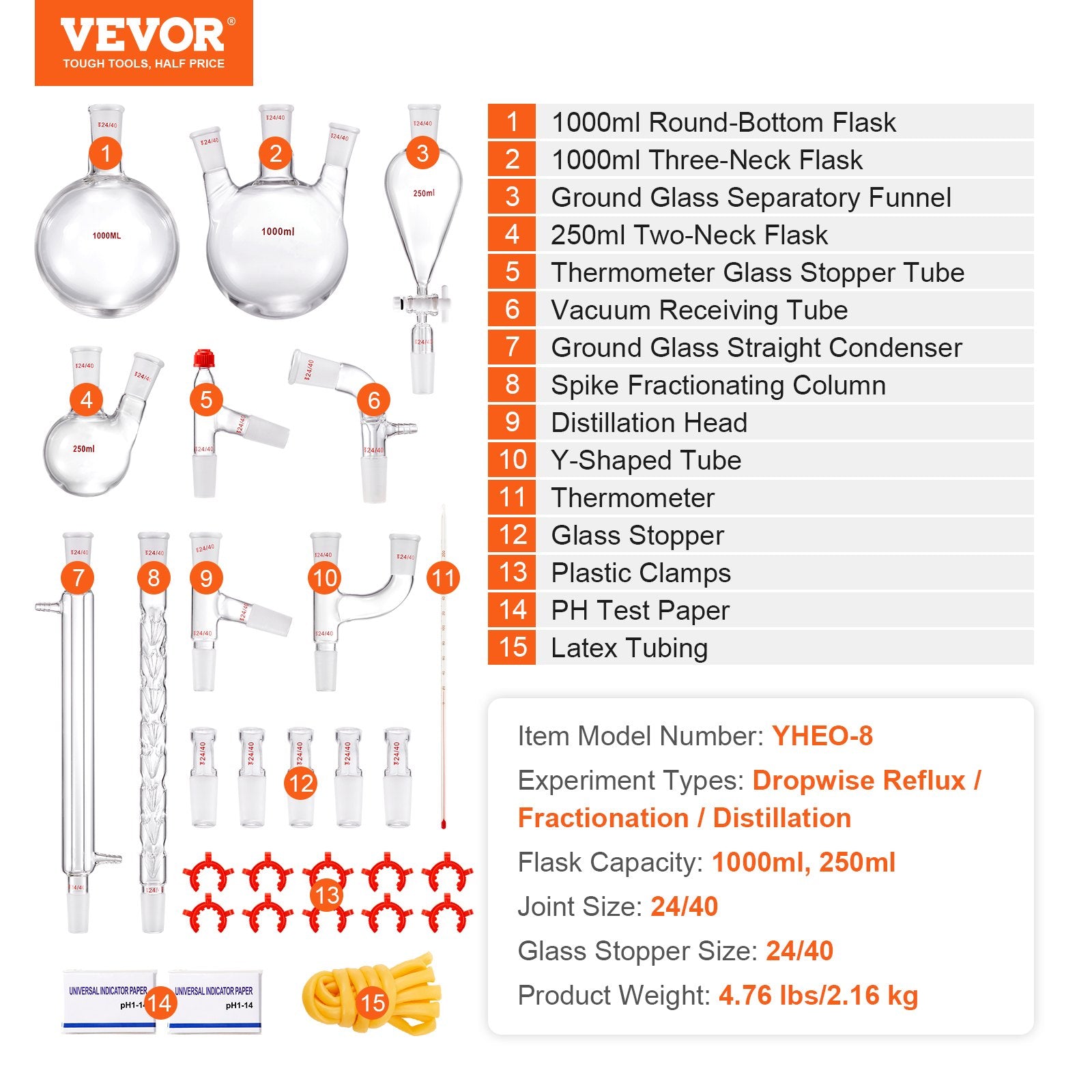 VEVOR Lab Glassware Distillation Kit 1000ml 3.3 Boro 29 pcs Glassware Equipment