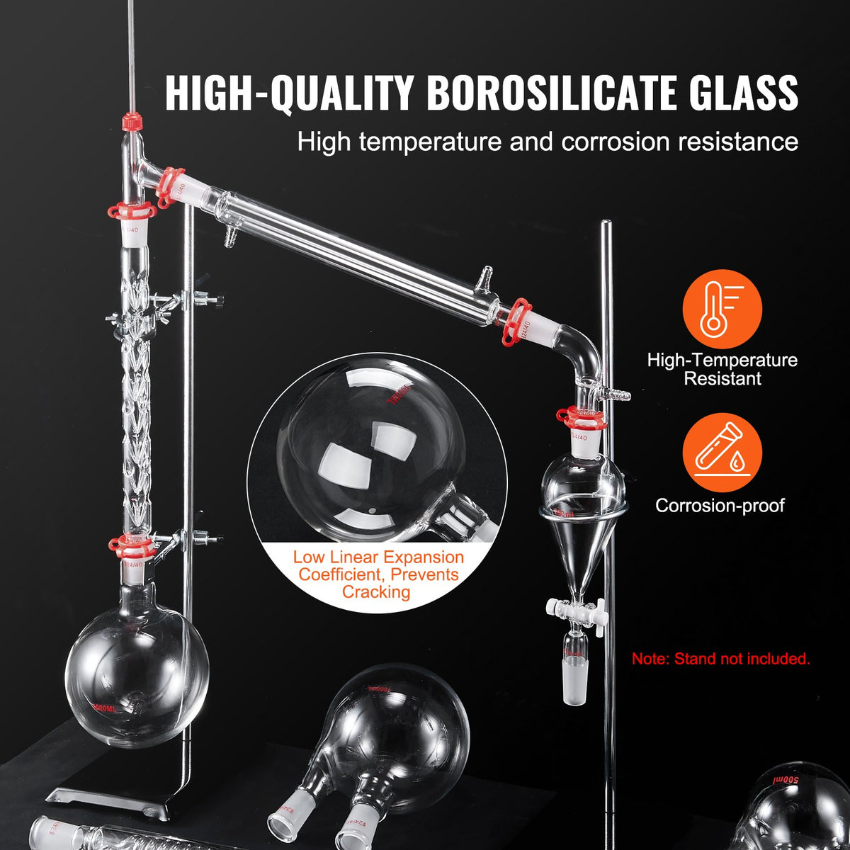 VEVOR Lab Distillation Kit, 3.3 Boro Lab Glassware Distillation Kit with 24, 40 Joint, 1000ml Essential Oil Distillation Apparatus Kit, 32 pcs Set of Glassware Equipment