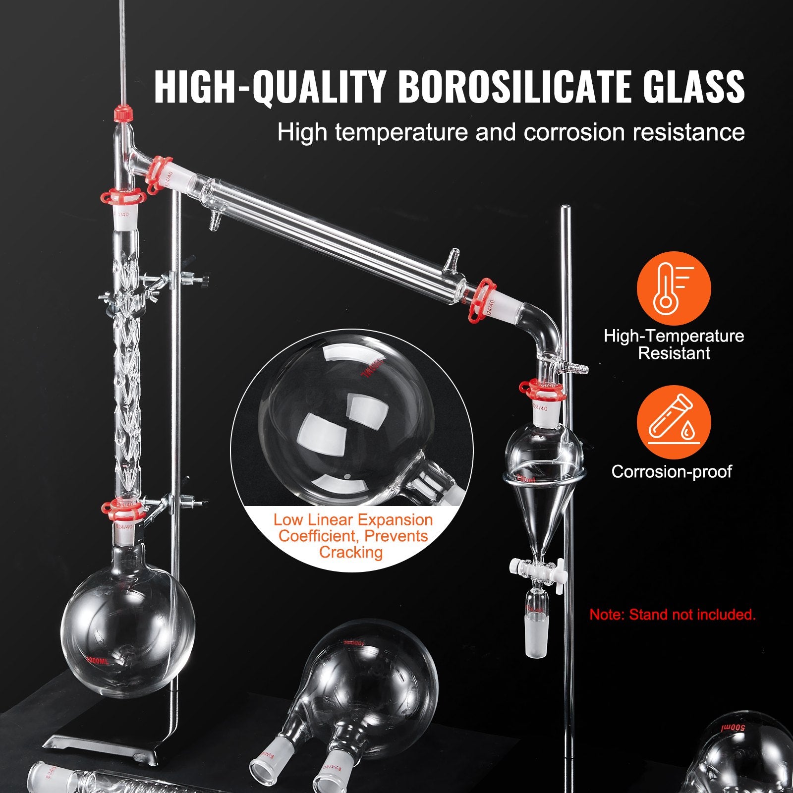 VEVOR Lab Distillation Kit, 3.3 Boro Lab Glassware Distillation Kit with 24, 40 Joint, 1000ml Essential Oil Distillation Apparatus Kit, 32 pcs Set of Glassware Equipment