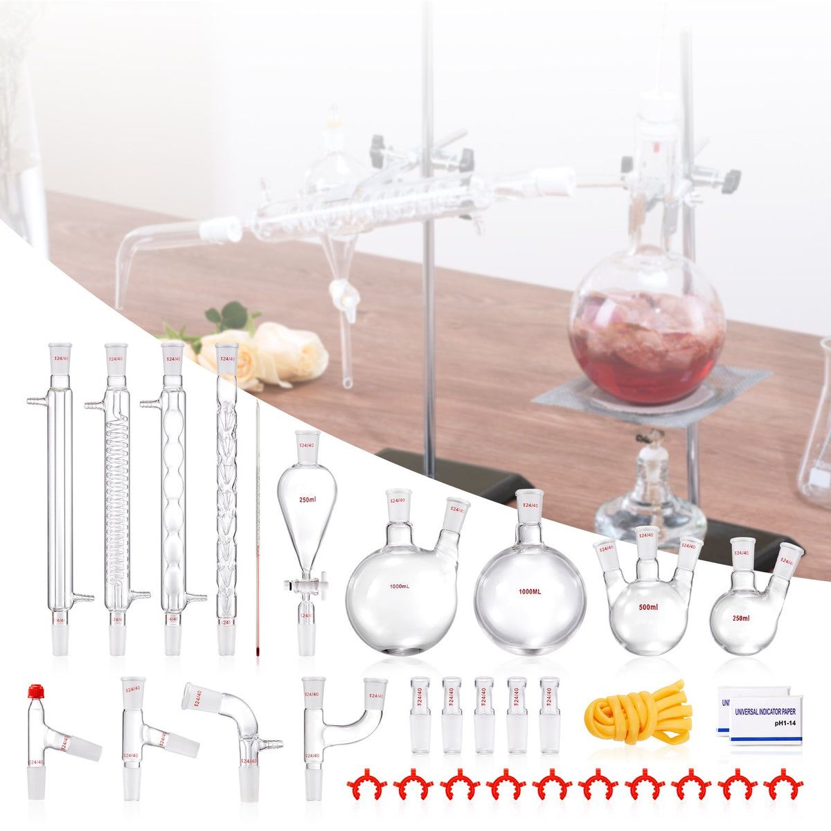 VEVOR Lab Distillation Kit, 3.3 Boro Lab Glassware Distillation Kit with 24, 40 Joint, 1000ml Essential Oil Distillation Apparatus Kit, 32 pcs Set of Glassware Equipment