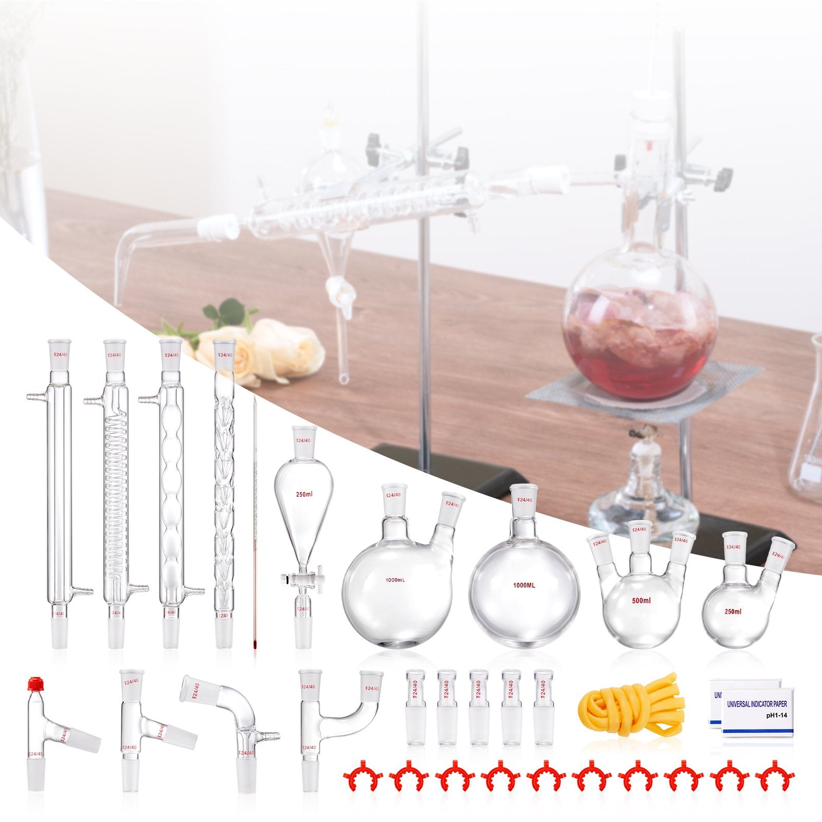 VEVOR Lab Distillation Kit, 3.3 Boro Lab Glassware Distillation Kit with 24, 40 Joint, 1000ml Essential Oil Distillation Apparatus Kit, 32 pcs Set of Glassware Equipment