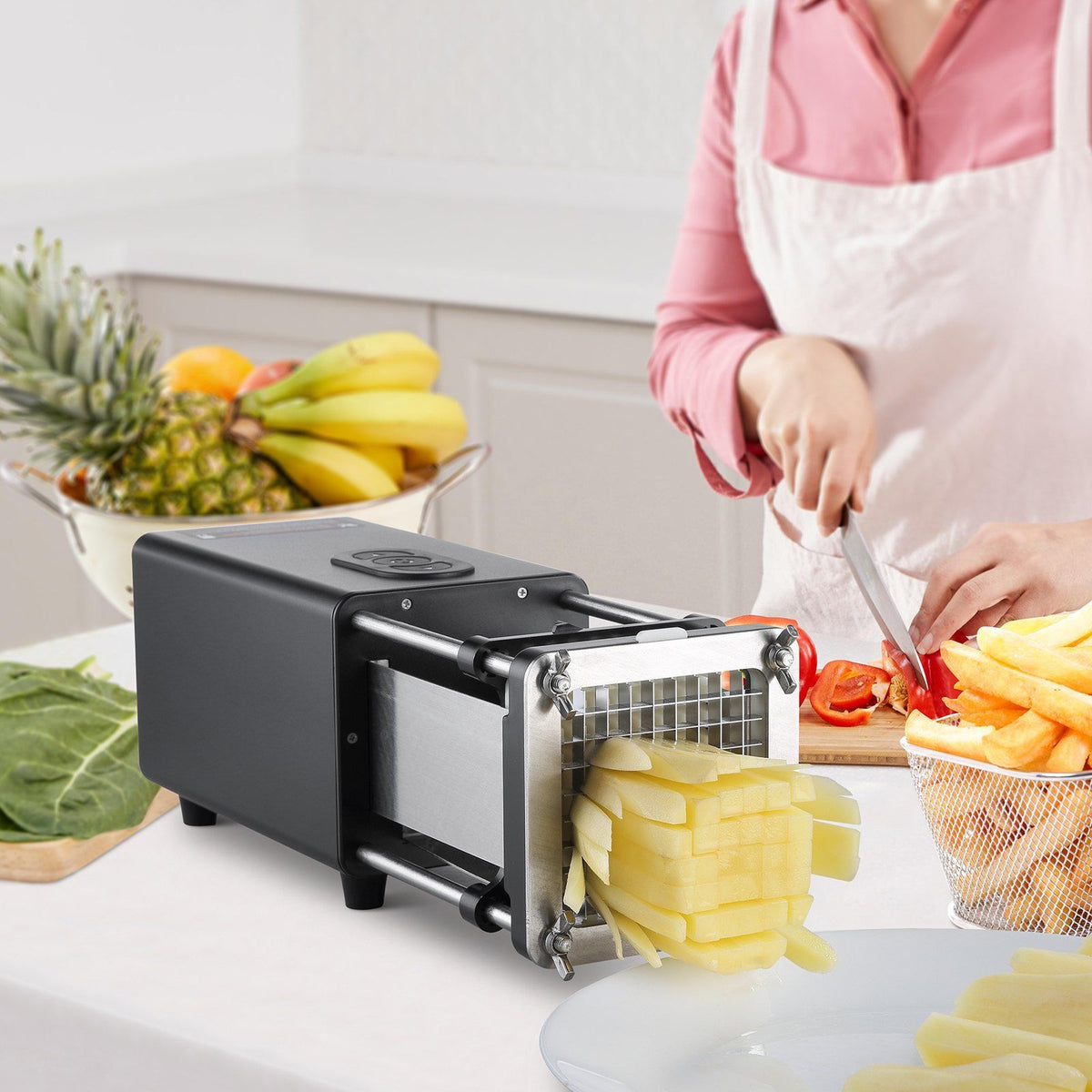 Electric French Fry Cutter, Potato Slicer with 1/2-Inch and 3/8-Inch Stainless Steel Blades, Potato Cutter Chopper w/ Anti-slip Feet, Great for Potato, French Fries, Cucumber, Vegetables, Carrot