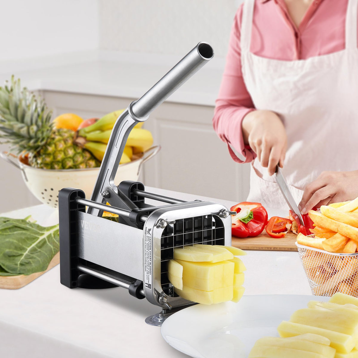 VEVOR French Fry Cutter, Potato Slicer with 1/2-Inch and 3/8-Inch Stainless Steel Blades, Manual Potato Cutter Chopper with Suction Cups, Great for Potato, French Fries, Cucumber, Vegetables, Carrot