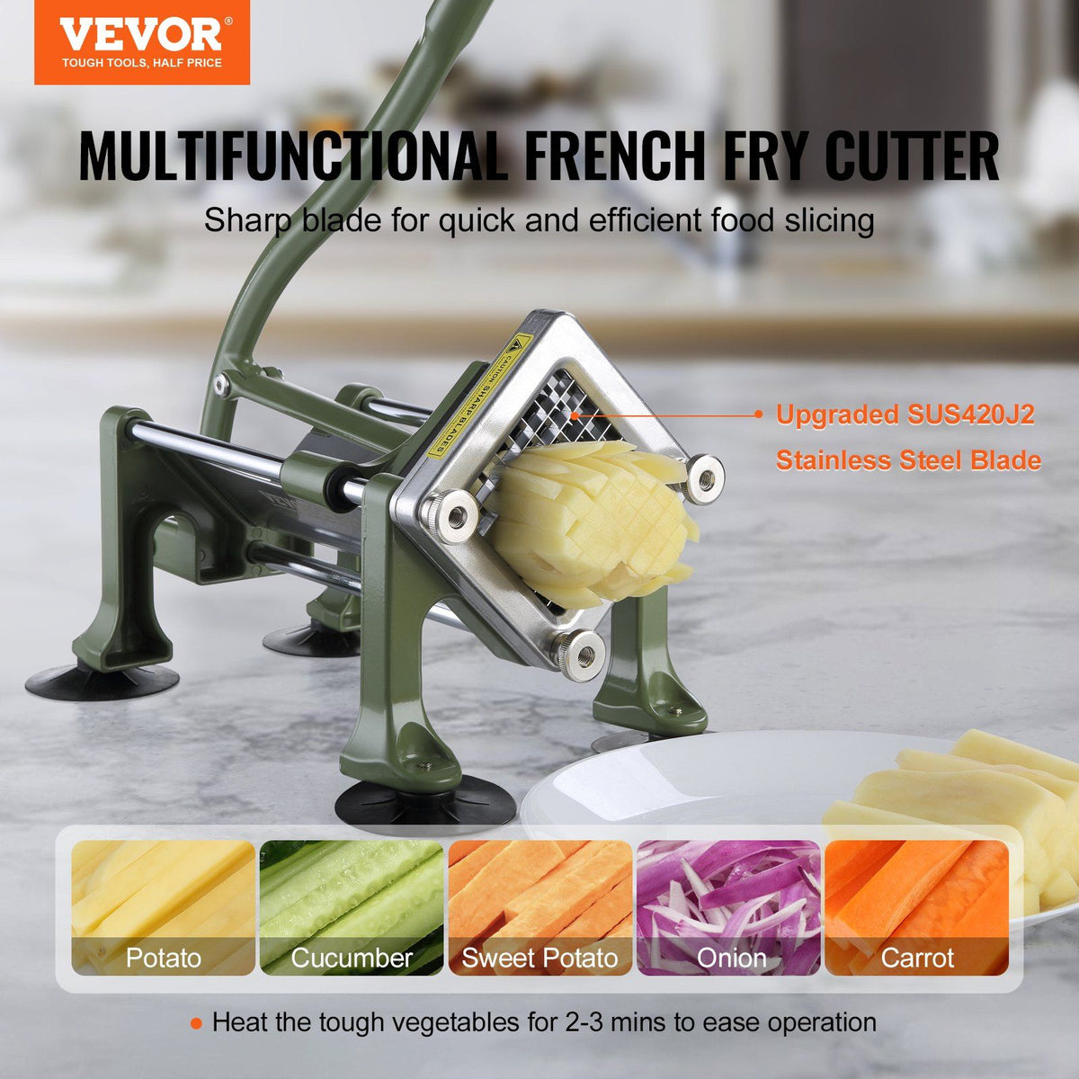 French Fry Cutter, Potato Slicer with 1/2" 3/8" 1/4" Stainless Steel Blades, Manual Potato Cutter Chopper with Suction Cups, Great for Potato, French Fries, Cucumber, Vegetables, Carrot