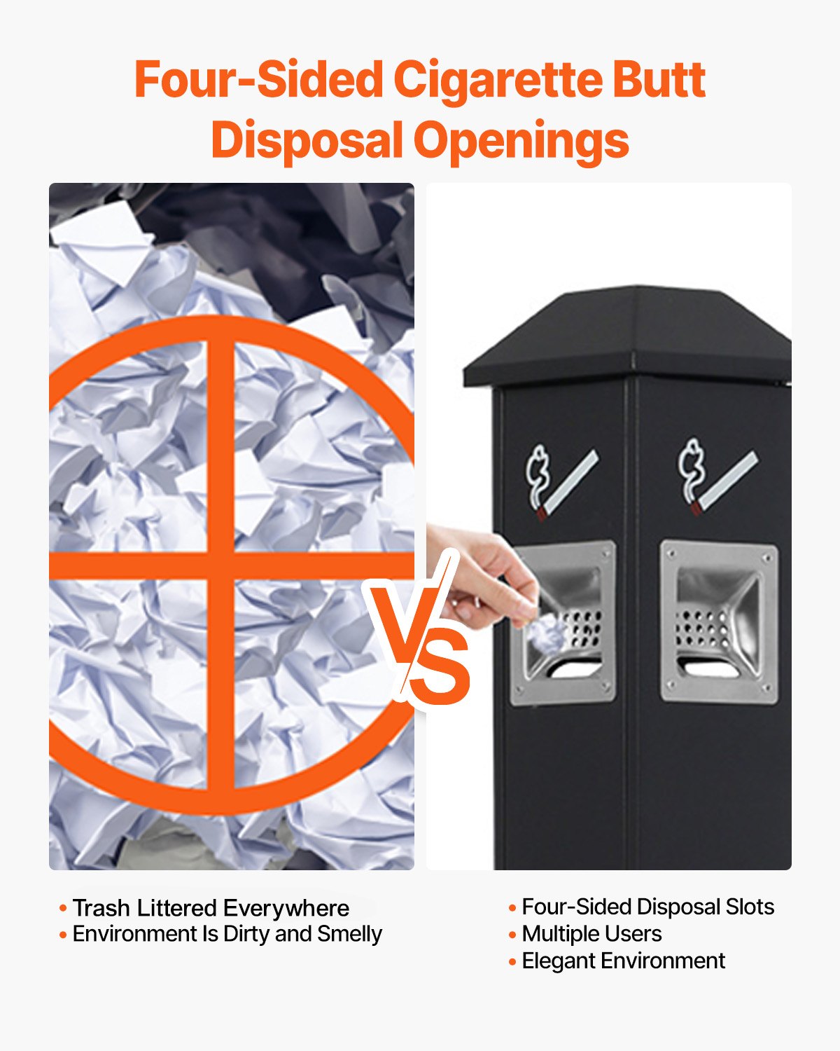 VEVOR Cigarette Butt Receptacle, Weatherproof Cigarette Butt Container with 4 Disposal Openings  & Top Cover, Freestanding Outdoor Cigarette Butt Disposal for Garden, Office, Restaurant, Hotel, Black