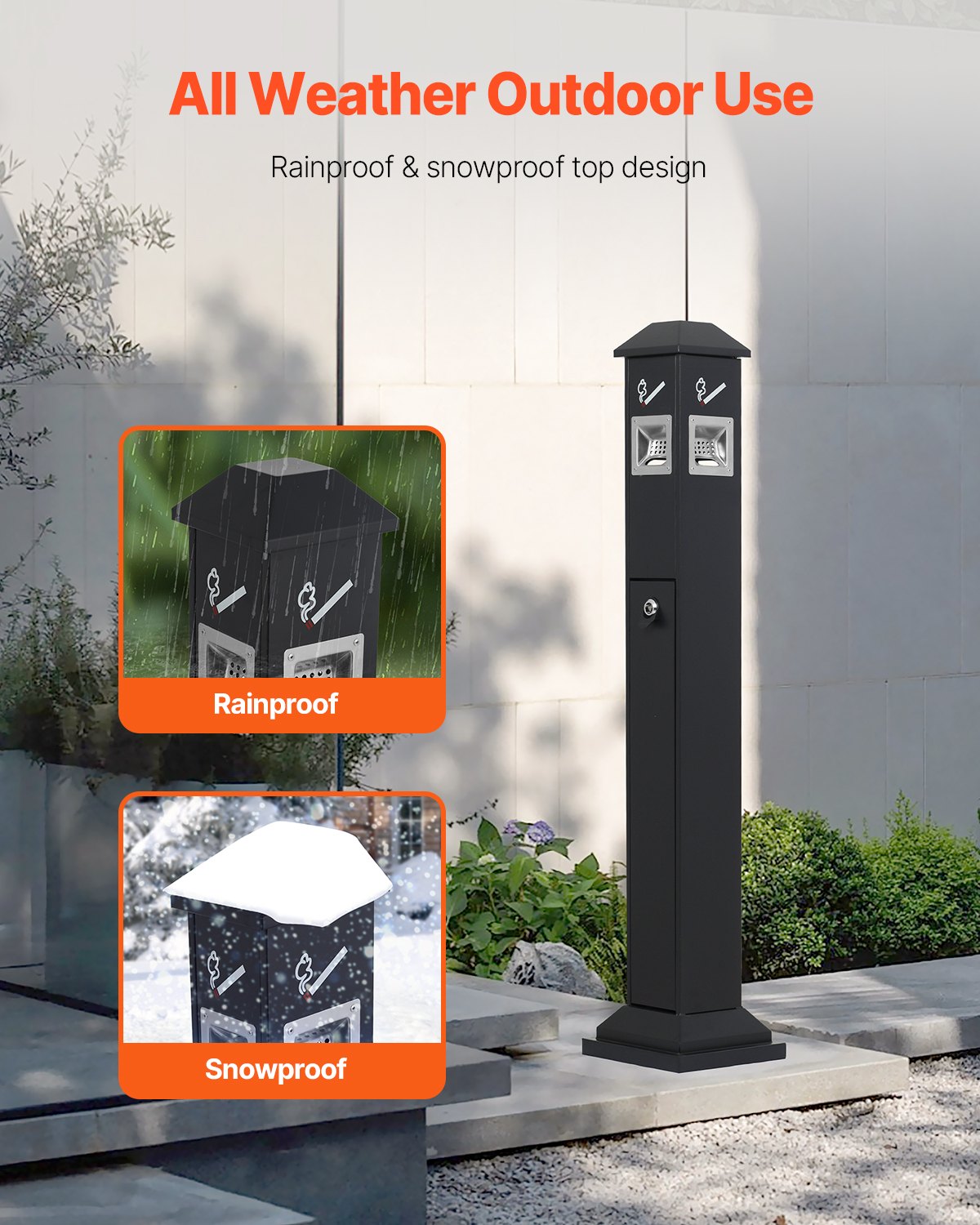 VEVOR Cigarette Butt Receptacle, Weatherproof Cigarette Butt Container with 4 Disposal Openings  & Top Cover, Freestanding Outdoor Cigarette Butt Disposal for Garden, Office, Restaurant, Hotel, Black