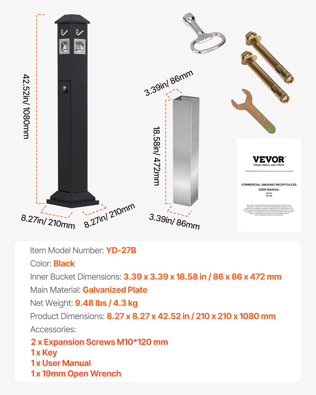 VEVOR Cigarette Butt Receptacle, Weatherproof Cigarette Butt Container with 4 Disposal Openings  & Top Cover, Freestanding Outdoor Cigarette Butt Disposal for Garden, Office, Restaurant, Hotel, Black