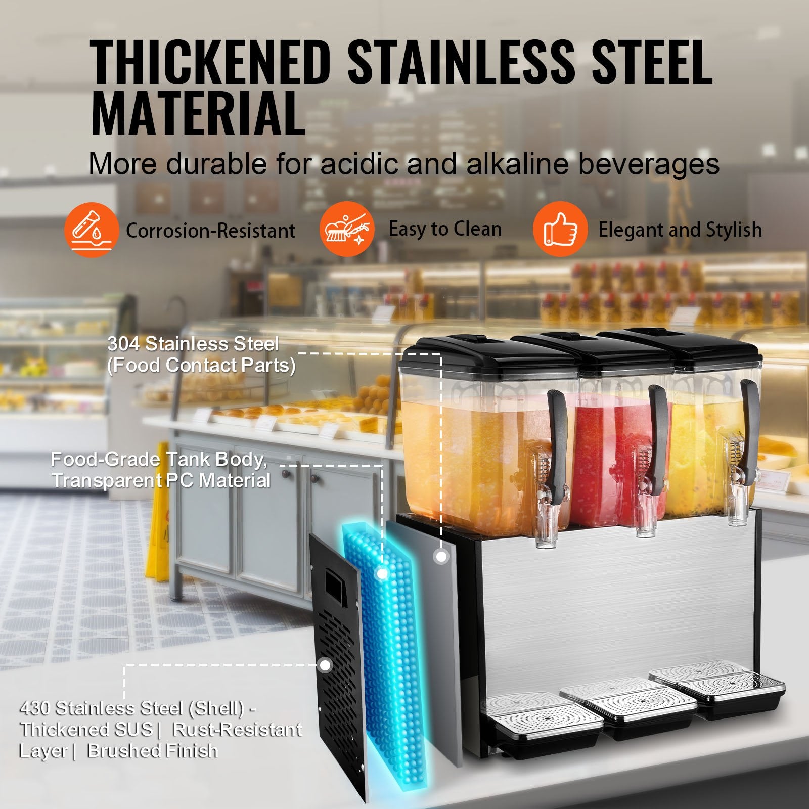 VEVOR Commercial Beverage Dispenser, 3 Tanks 12 L Per Tank Juice Dispenser, 370W Stainless Steel Ice Tea Drink Machine with 7℃-12℃ Cooling Temperature, for Cold Drink Restaurant Bar Party