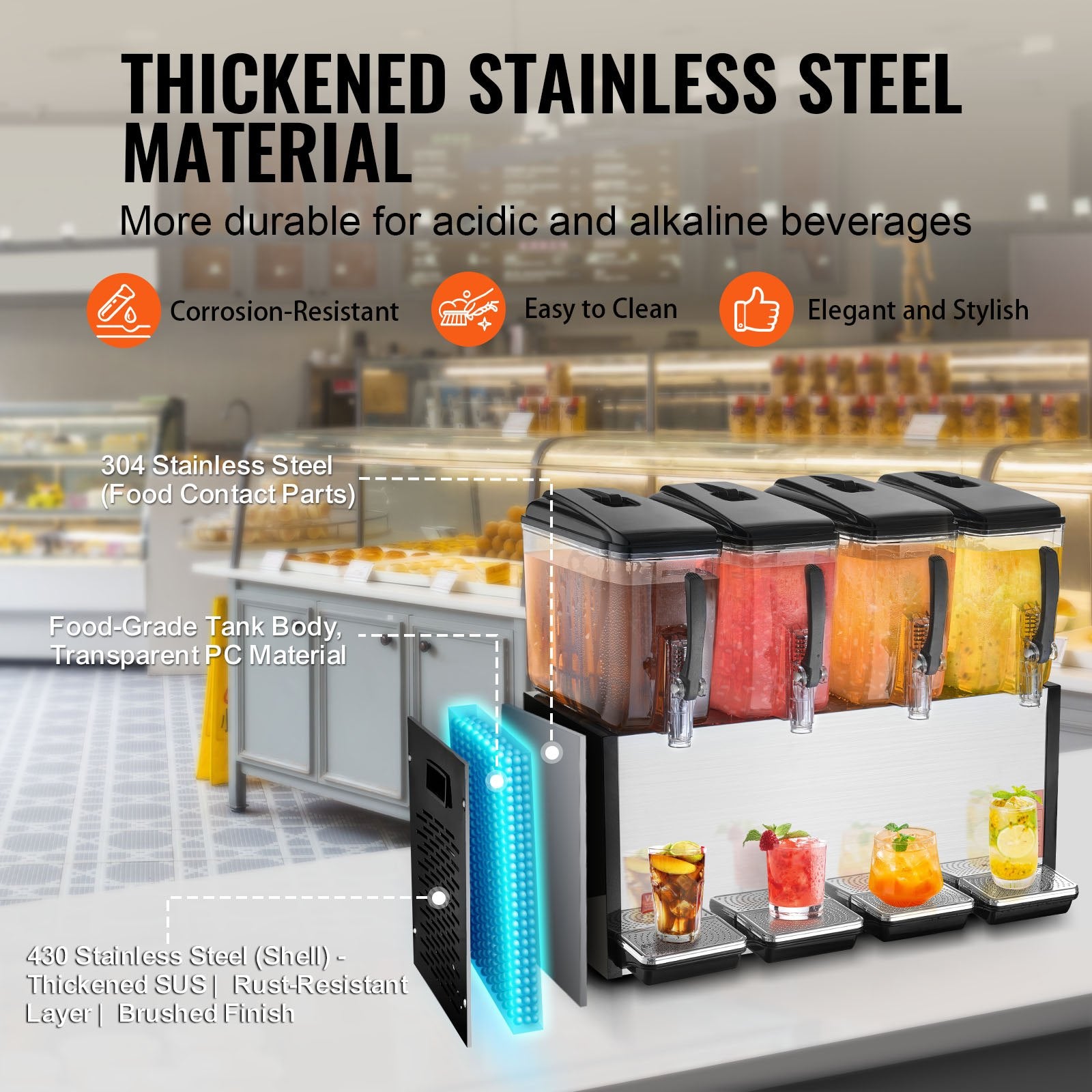 VEVOR Commercial Beverage Dispenser, 4 Tanks 12 L Per Tank Juice Dispenser, 510W Stainless Steel Ice Tea Drink Machine with 7℃-12℃ Cooling Temperature, for Cold Drink Restaurant Bar Party