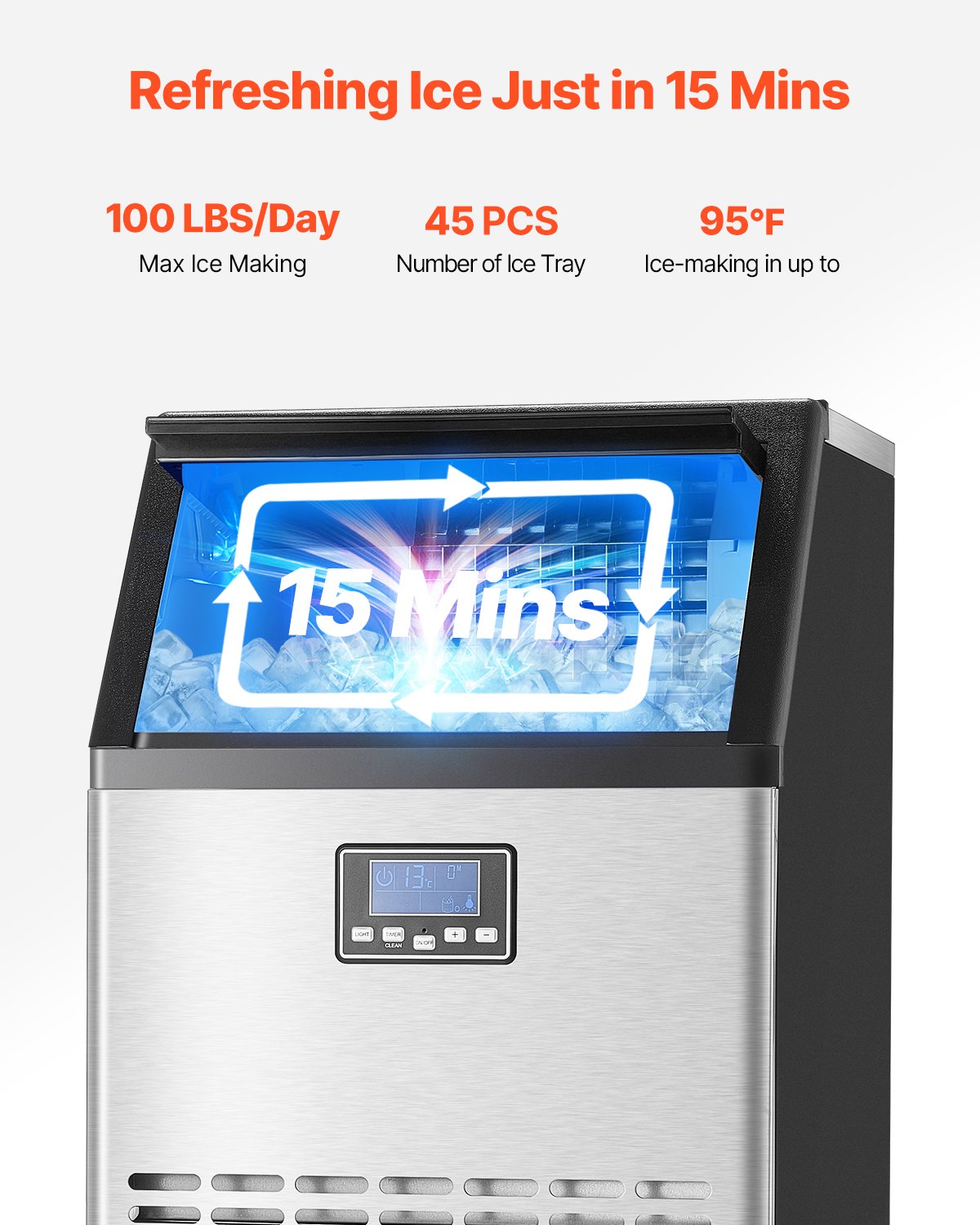 VEVOR Commercial Ice Maker Machine, 100lbs/24H Ice Maker Machine with 33lbs Storage Capacity, 45 Ice Cubes in 15 Minutes, LED Digital Display Freestanding Self-Cleaning for Bar Office Restaurant