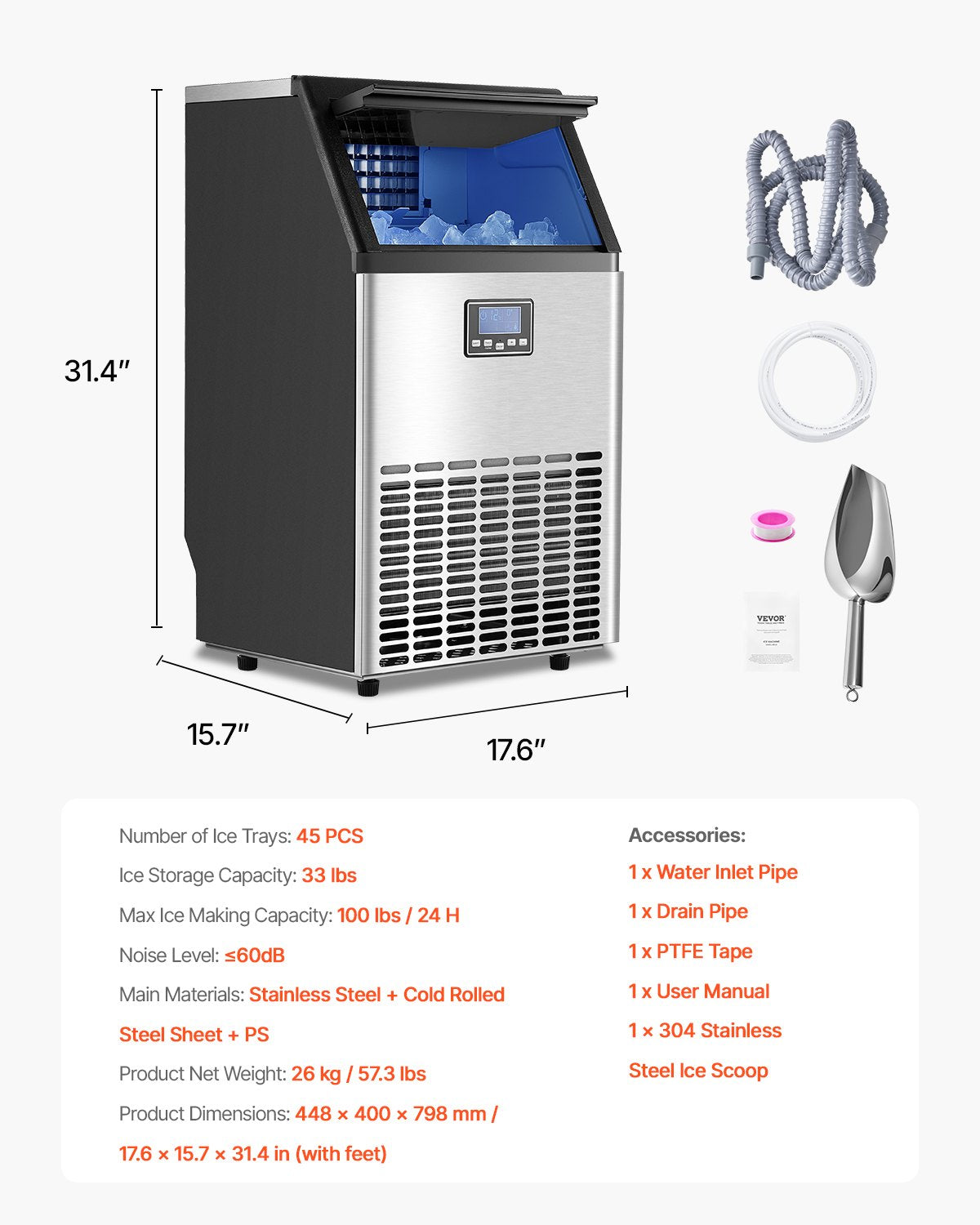 VEVOR Commercial Ice Maker Machine, 100lbs/24H Ice Maker Machine with 33lbs Storage Capacity, 45 Ice Cubes in 15 Minutes, LED Digital Display Freestanding Self-Cleaning for Bar Office Restaurant
