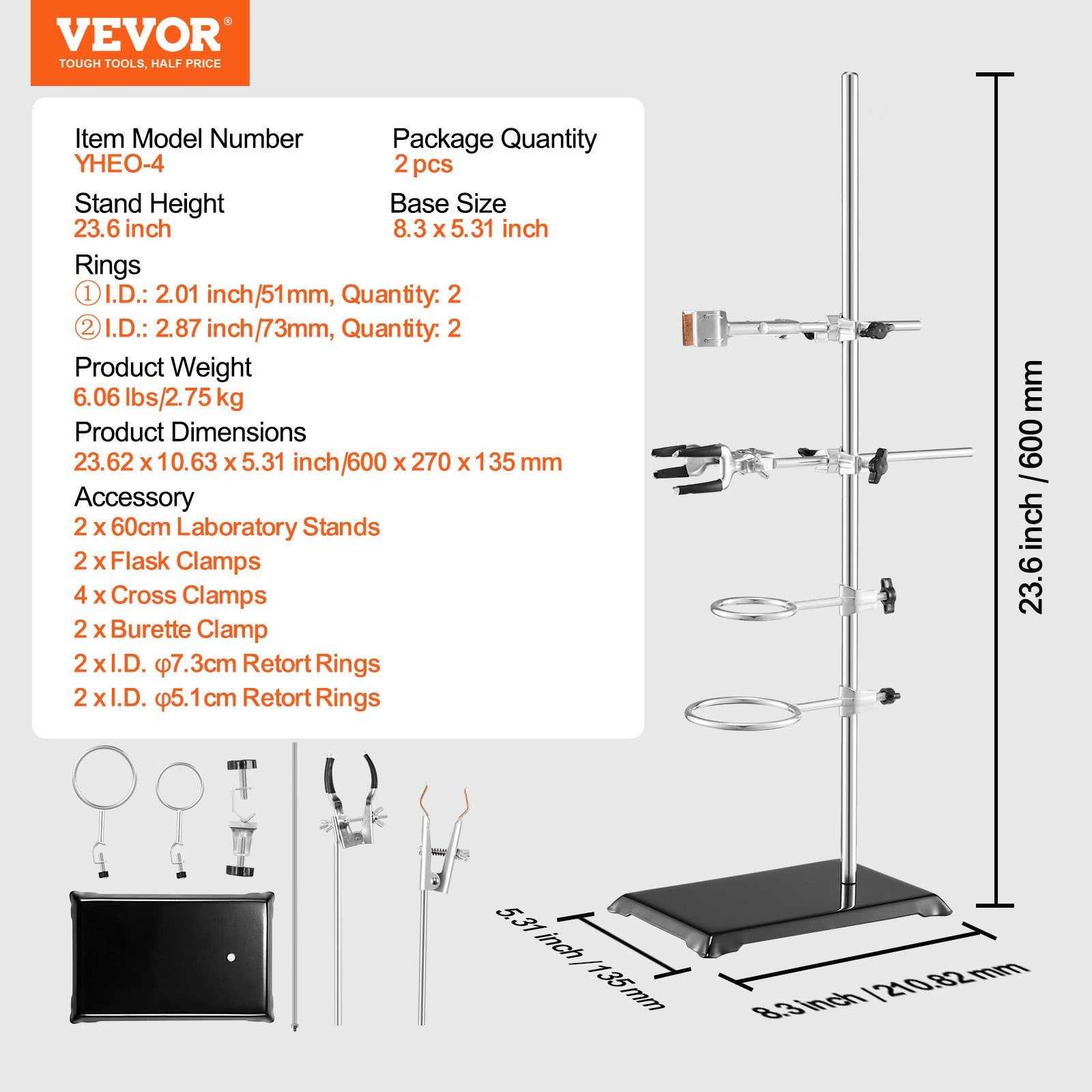 VEVOR Lab Stand Support, Laboratory Retort Support Stand 2 Sets, Steel Lab Stand 23.6" Rod and 8.3" x 5.3" Cast Iron Base, Includes Flask Clamps, Burette Clamps and Cross Clamps