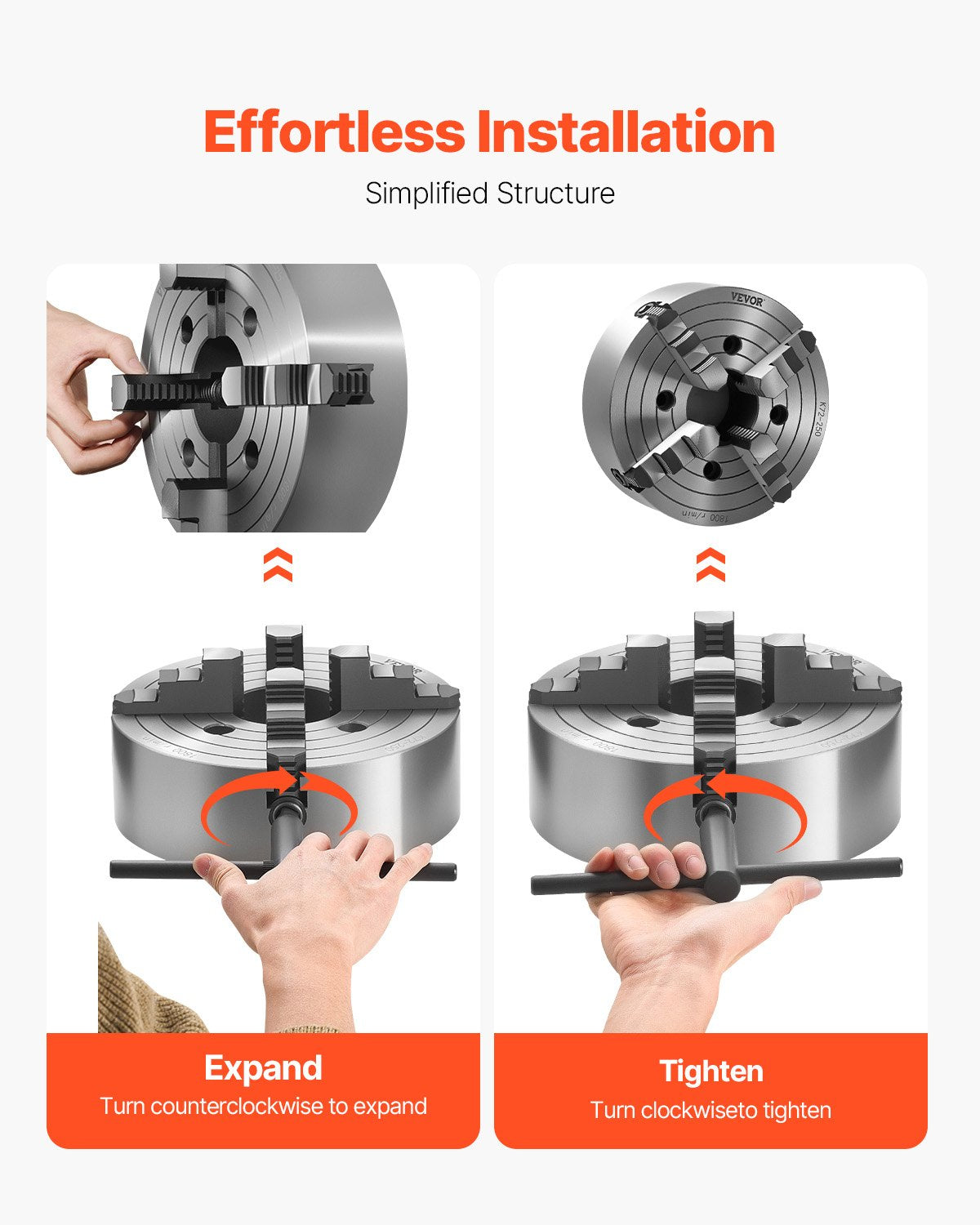 VEVOR 4-Jaw Lathe Chuck, 10 in (250 mm), Lathe Chuck, 0.6-9.84 in (15-250 mm) Clamping Range with T-key Fixing Screws Reversible Jaws, HT300 Cast Iron Material, Internal External for Wood Metal Lathe