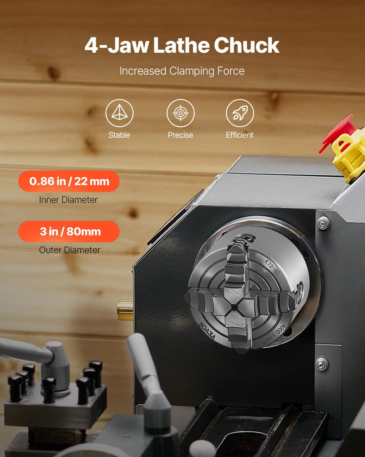 VEVOR 4-Jaw Lathe Chuck, 3 Inch (80 mm), 4-Jaw Chuck, 0.1-3.15 in (5-80 mm) Clamping Range with T-key Fixing Screws Reversible Jaws, HT300 Material, Internal External for Wood Metal Lathe